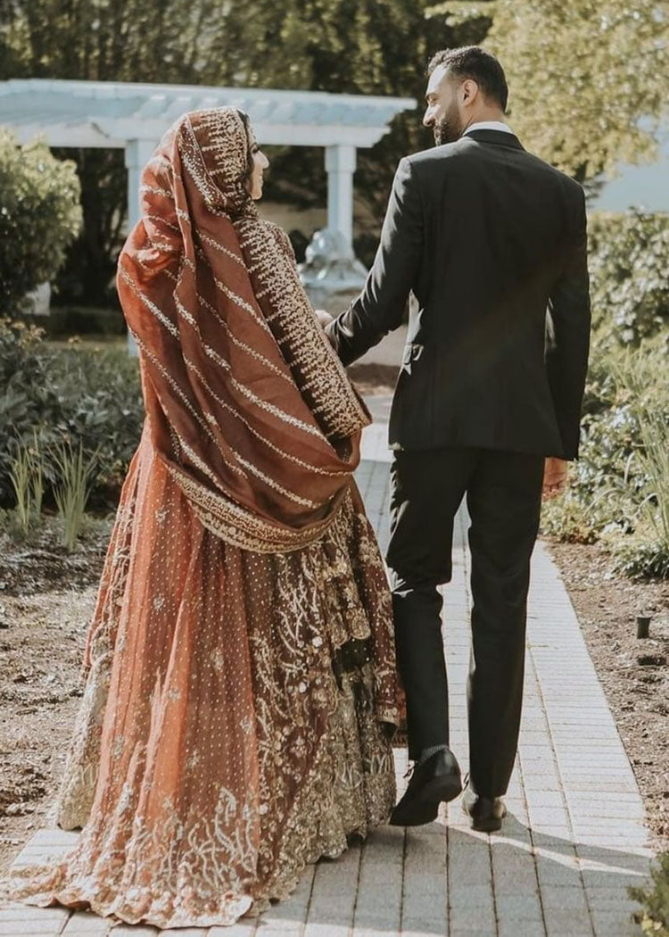 Pakistani Deep Maroon Gold Embroidered Silk Bridal Lehenga (3-Piece) - Image 2