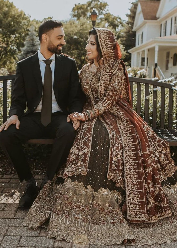 Pakistani Deep Maroon Gold Embroidered Silk Bridal Lehenga (3-Piece) - Image 3