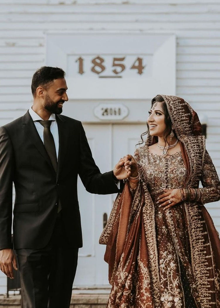 Pakistani Deep Maroon Gold Embroidered Silk Bridal Lehenga (3-Piece) - Image 4