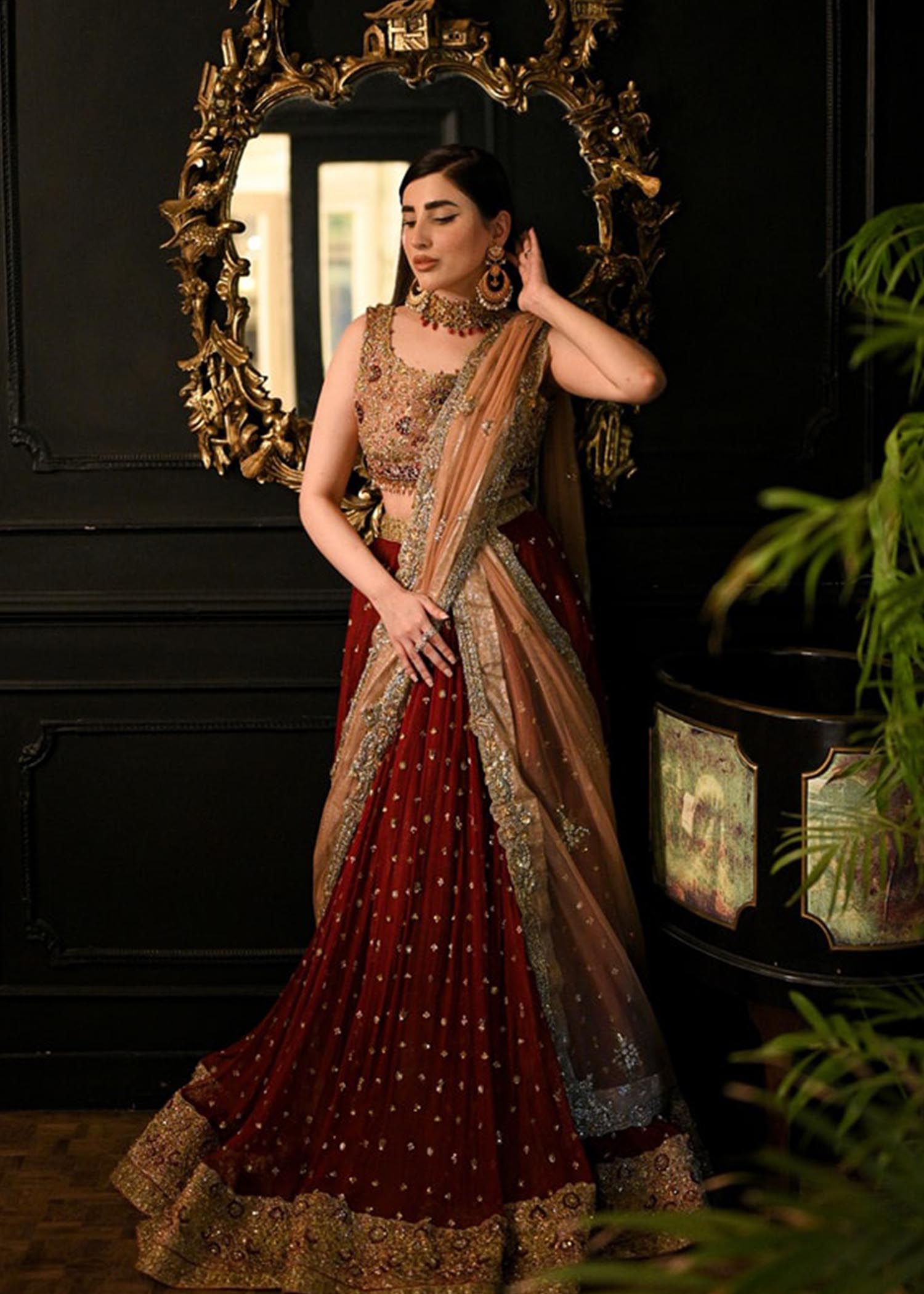 Deep Maroon Gold Embroidered Silk Lehenga (3-Piece) - Image 1