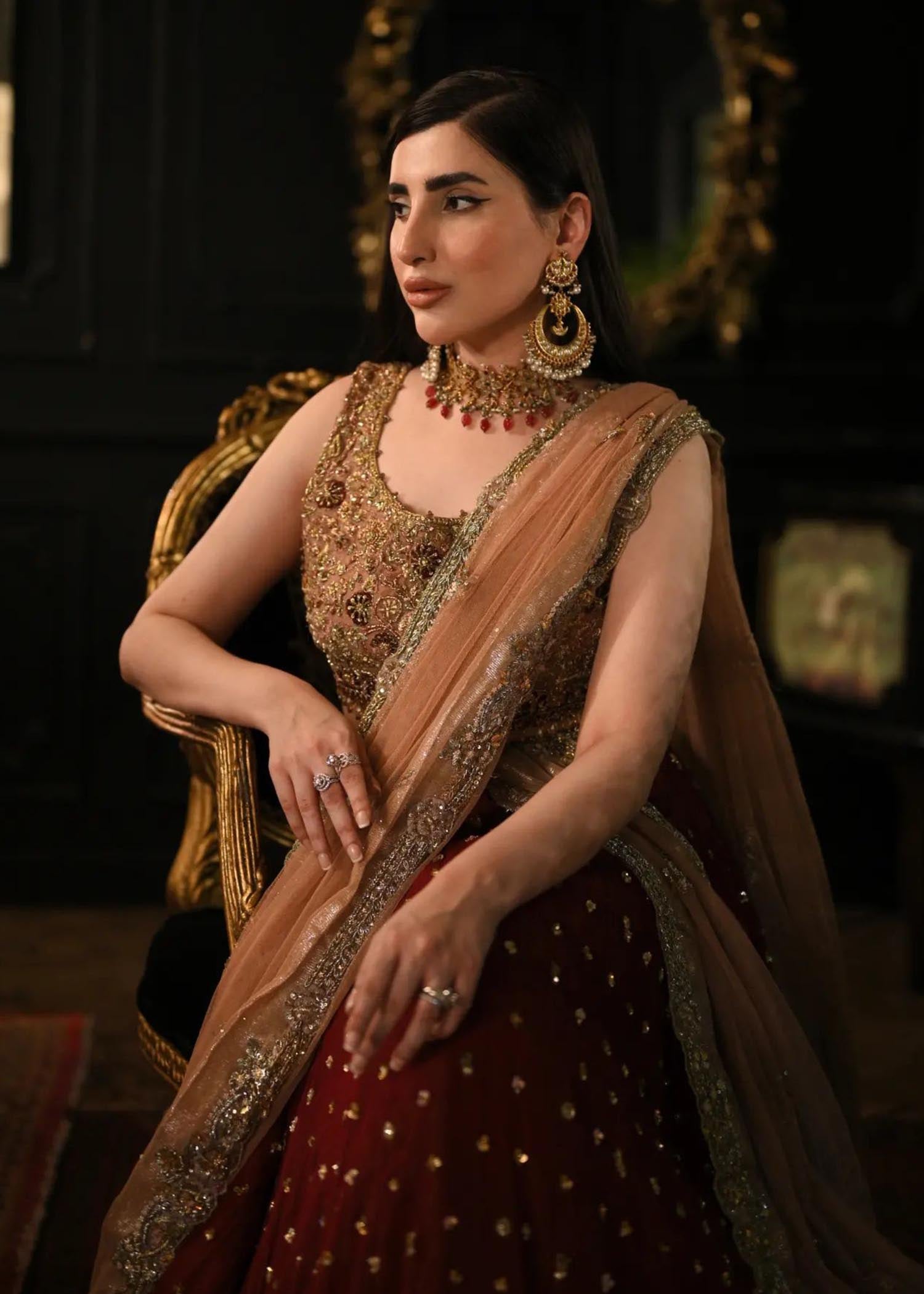 Deep Maroon Gold Embroidered Silk Lehenga (3-Piece) - Image 10