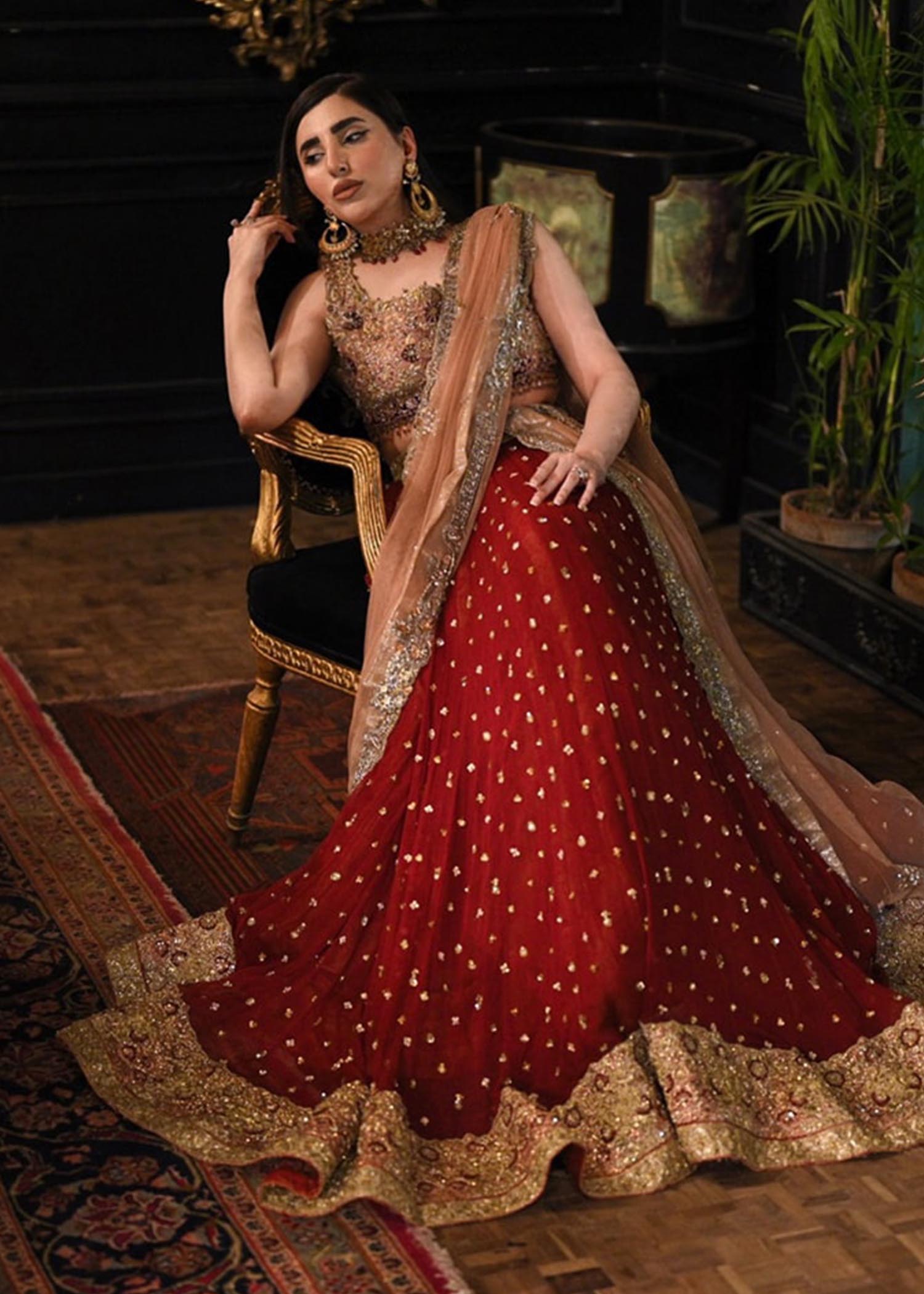 Deep Maroon Gold Embroidered Silk Lehenga (3-Piece) - Image 2