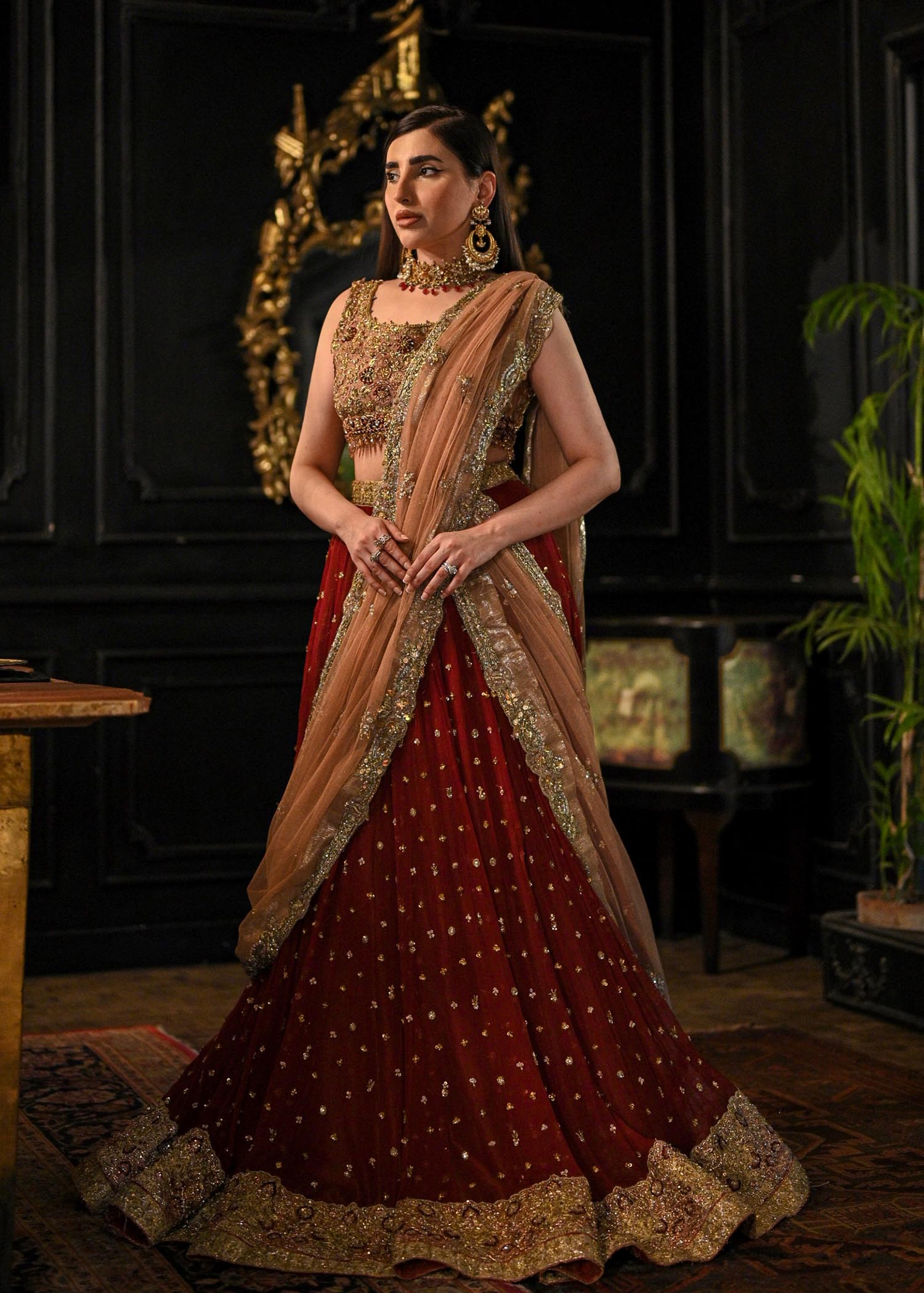 Deep Maroon Gold Embroidered Silk Lehenga (3-Piece) - Image 3
