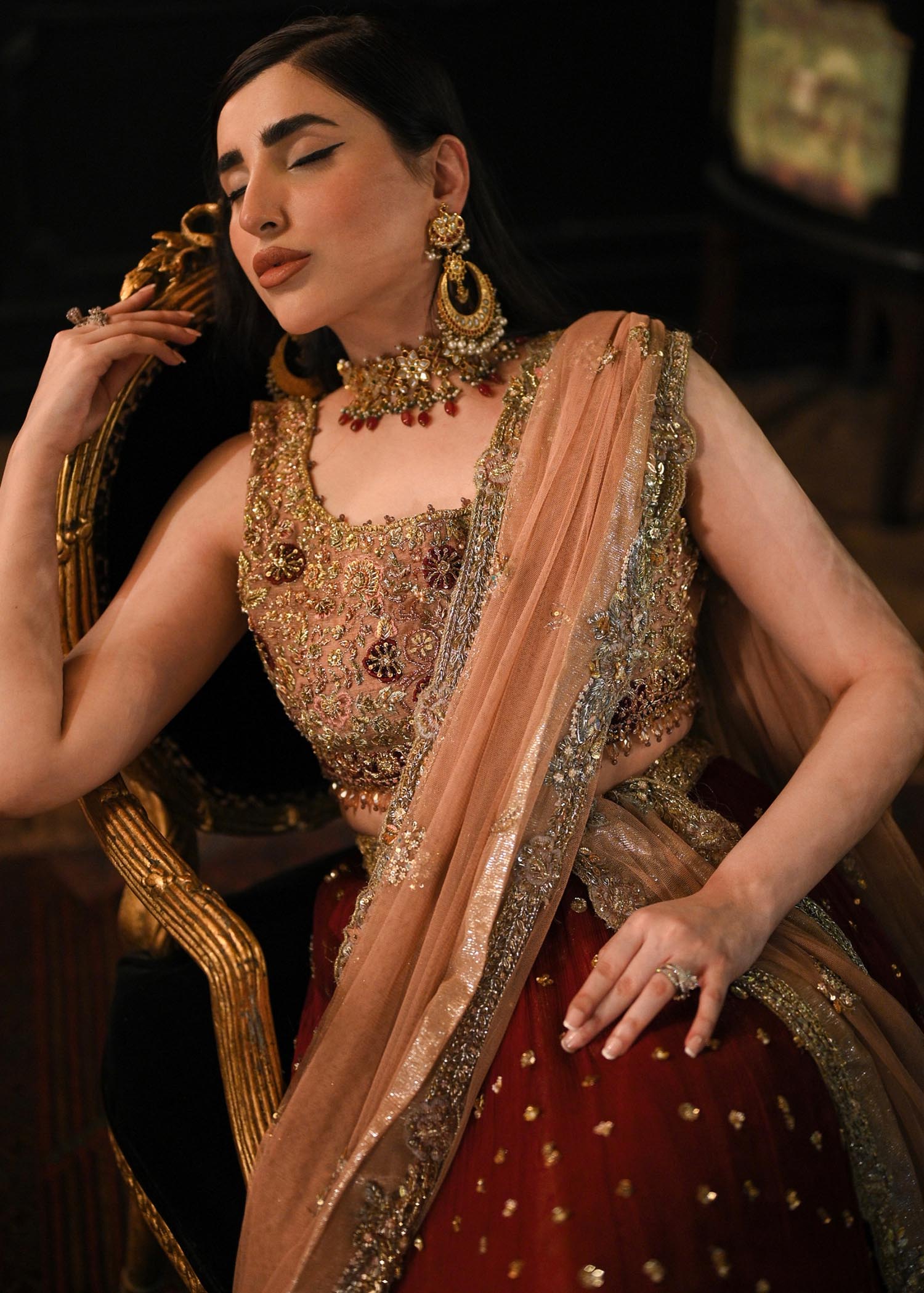 Deep Maroon Gold Embroidered Silk Lehenga (3-Piece) - Image 4