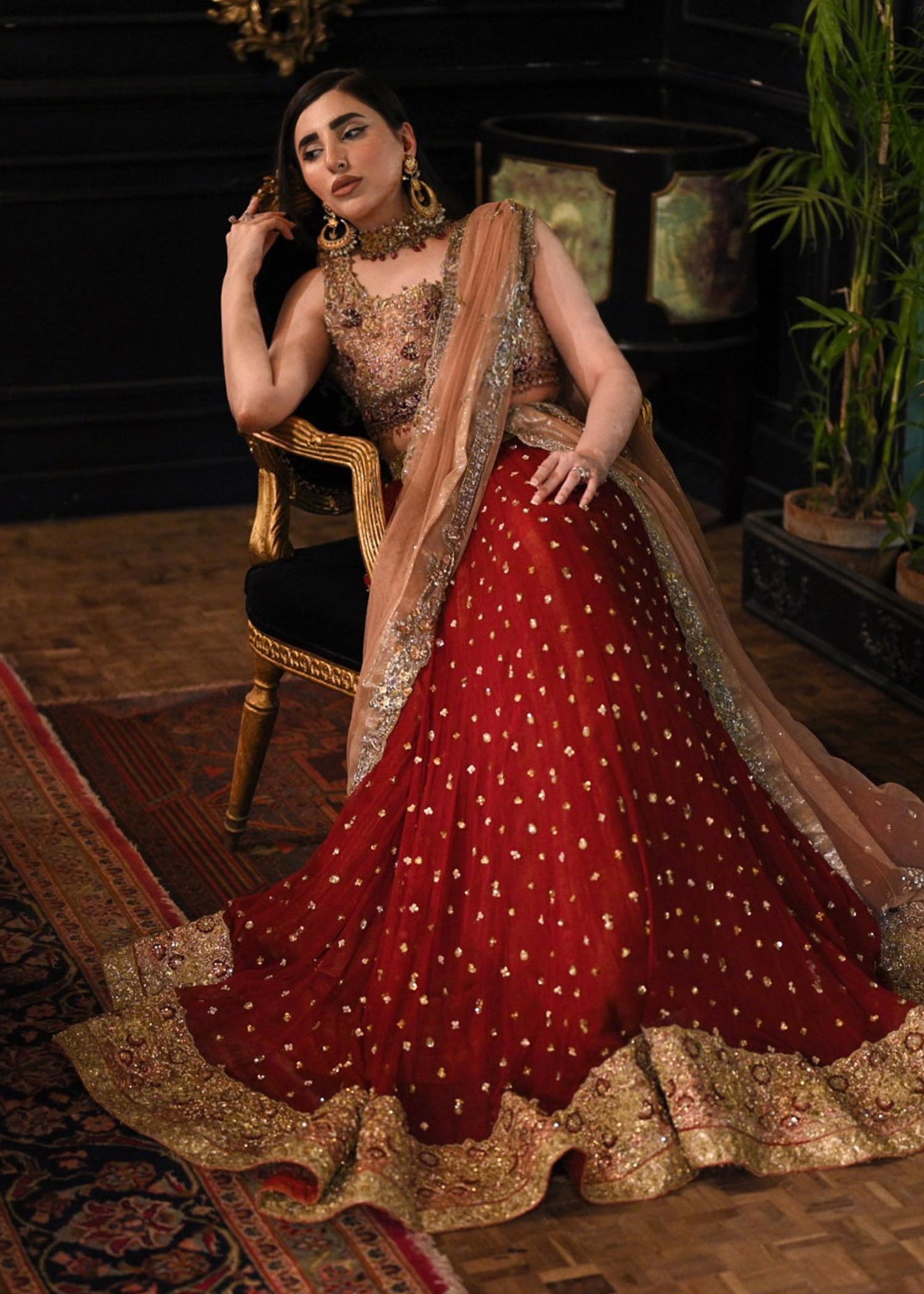 Deep Maroon Gold Embroidered Silk Lehenga (3-Piece) - Image 5