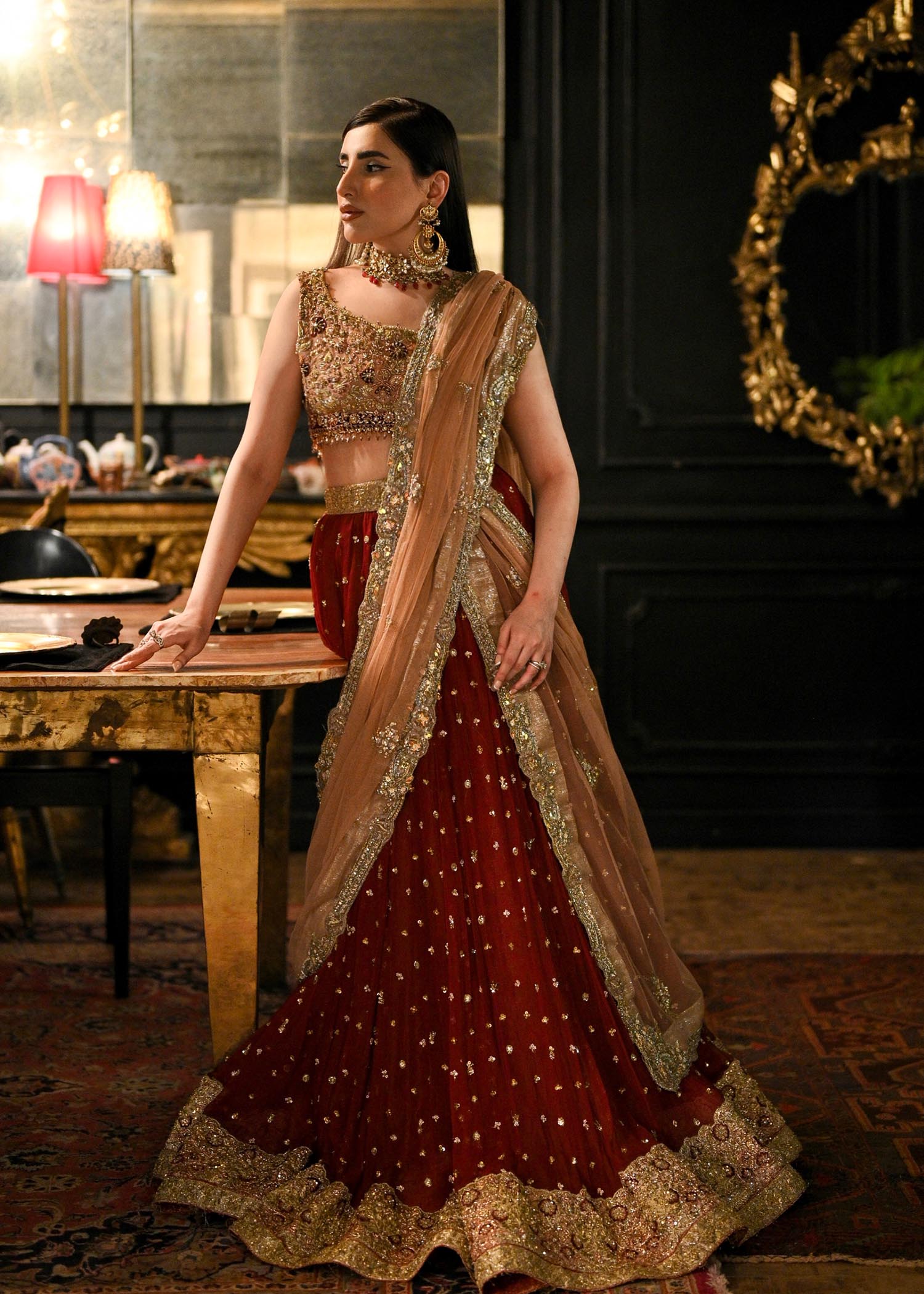 Deep Maroon Gold Embroidered Silk Lehenga (3-Piece) - Image 7