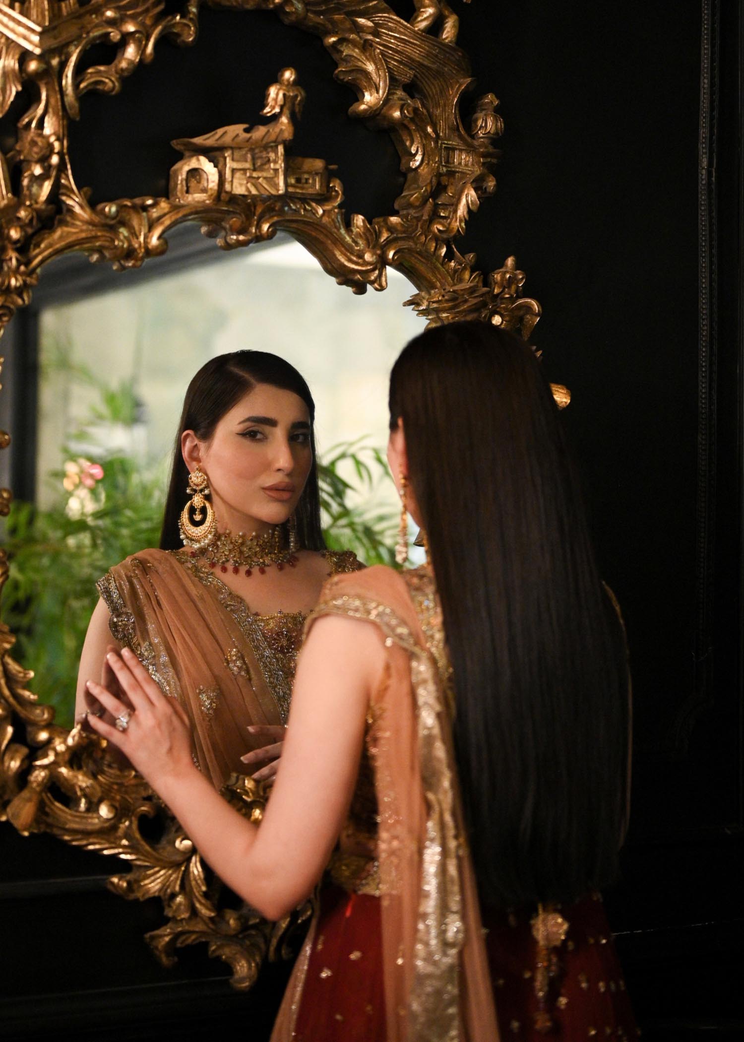 Deep Maroon Gold Embroidered Silk Lehenga (3-Piece) - Image 8