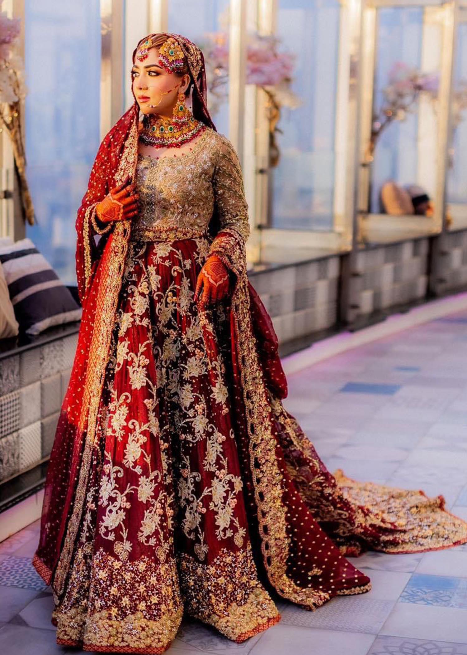 Deep Maroon Gold Embroidered Bridal Lehenga (3-Piece) - Image 1