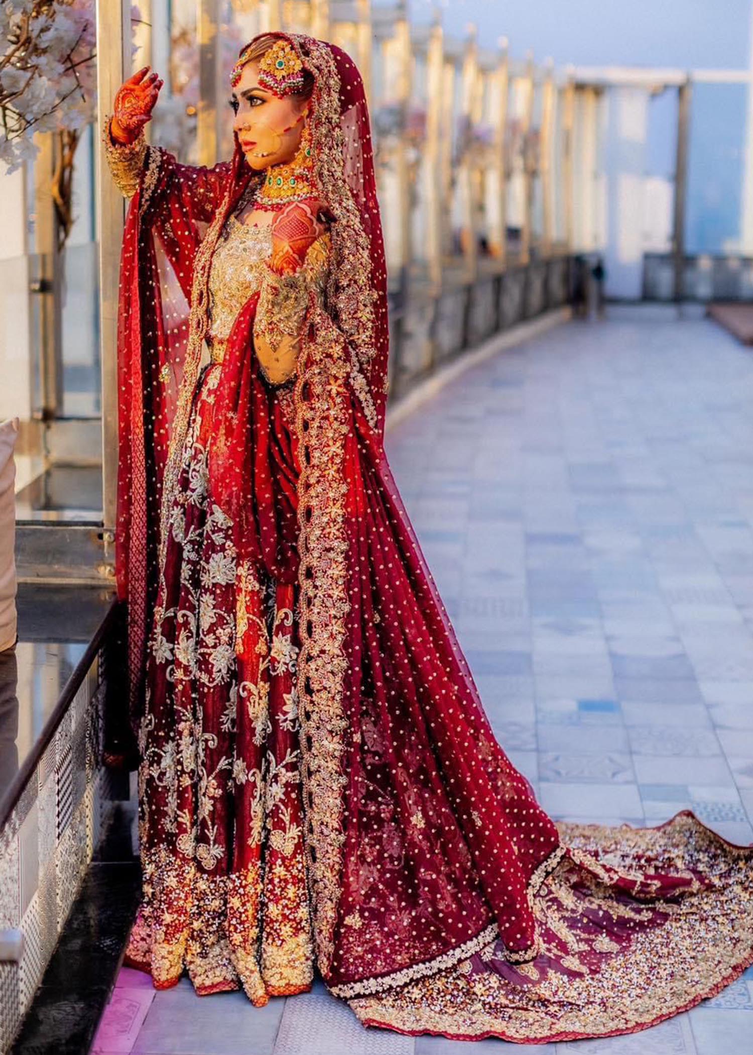 Deep Maroon Gold Embroidered Bridal Lehenga (3-Piece) - Image 10