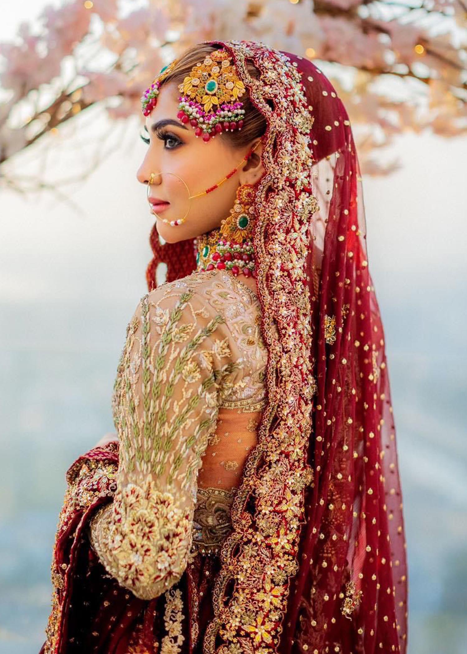 Deep Maroon Gold Embroidered Bridal Lehenga (3-Piece) - Image 2