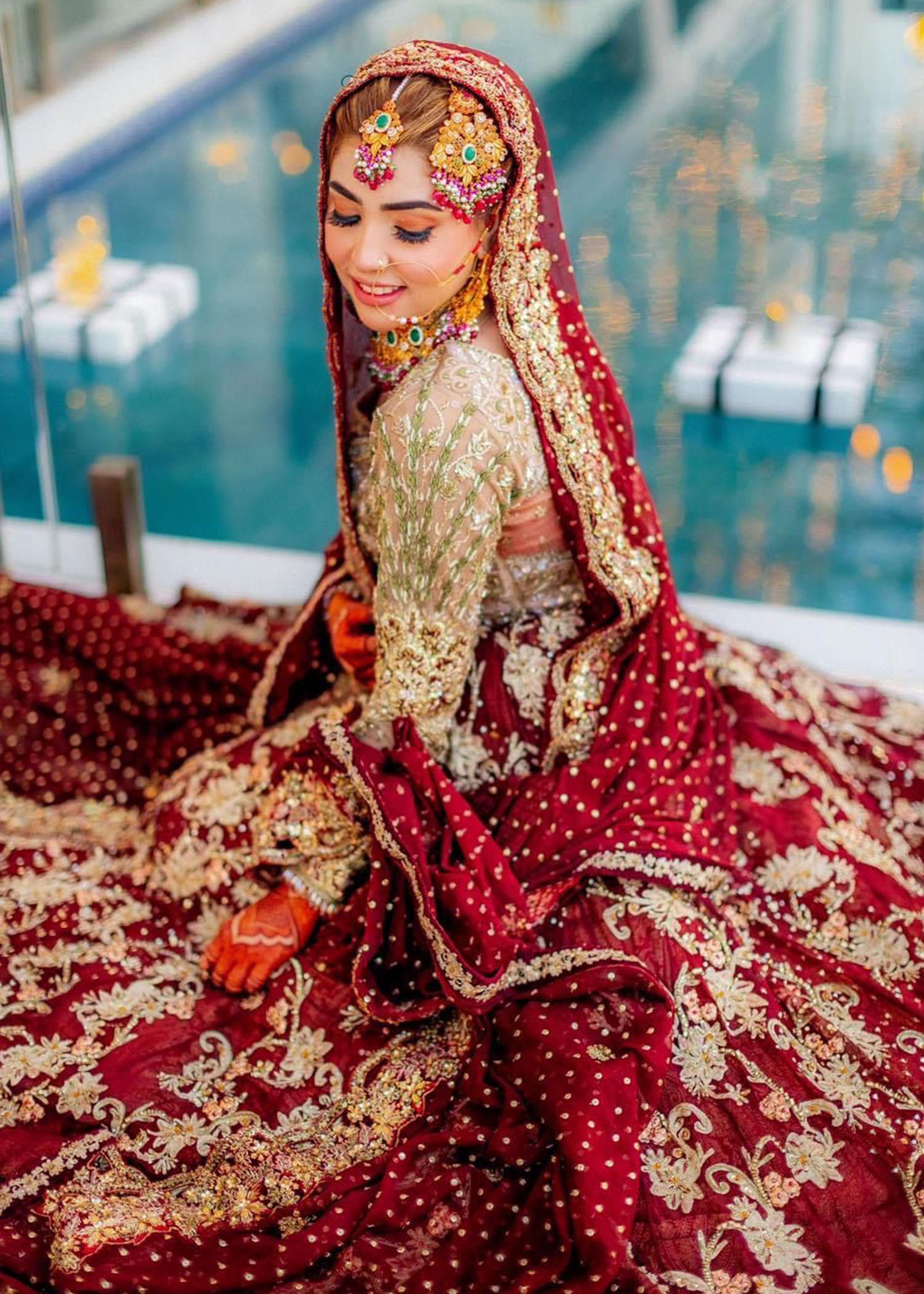 Deep Maroon Gold Embroidered Bridal Lehenga (3-Piece) - Image 6