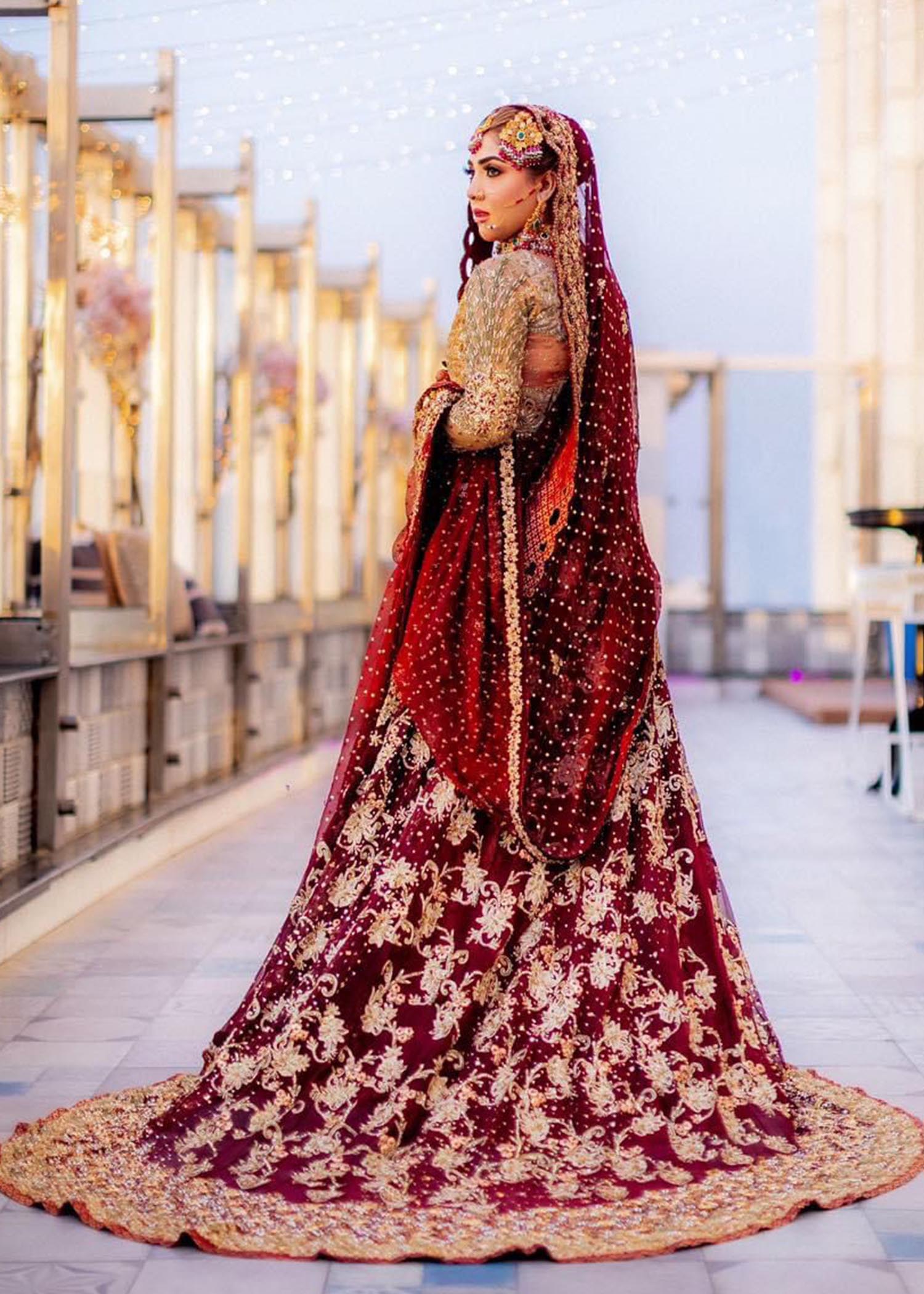 Deep Maroon Gold Embroidered Bridal Lehenga (3-Piece) - Image 9