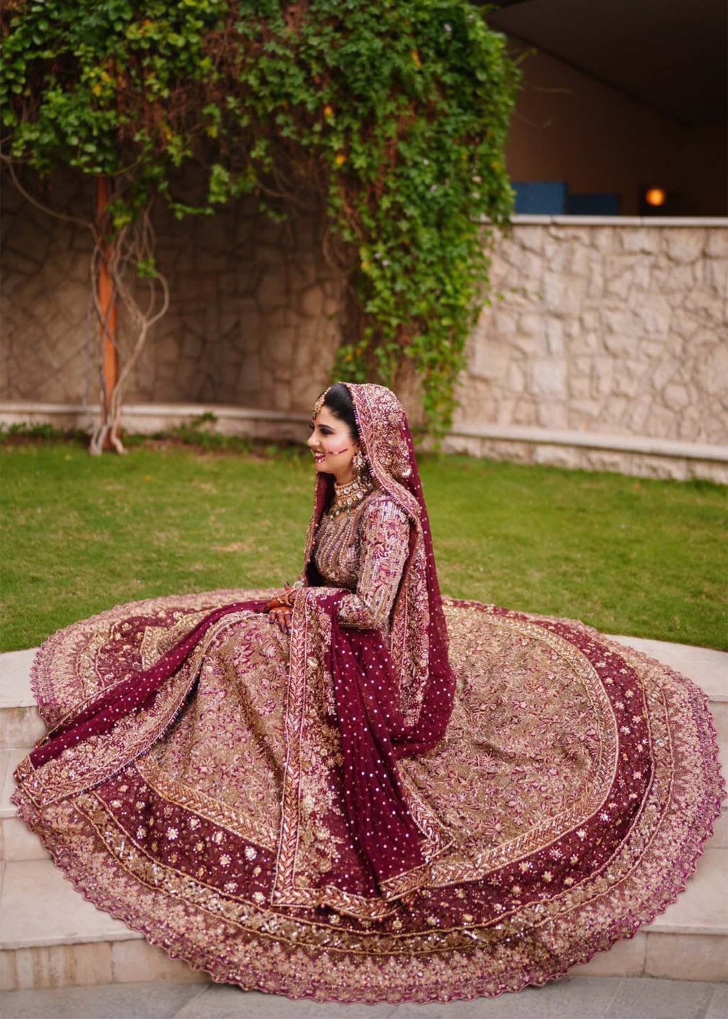 Pakistani Deep Maroon Zardozi Silk Bridal Lehenga (3-Piece) - Image 1