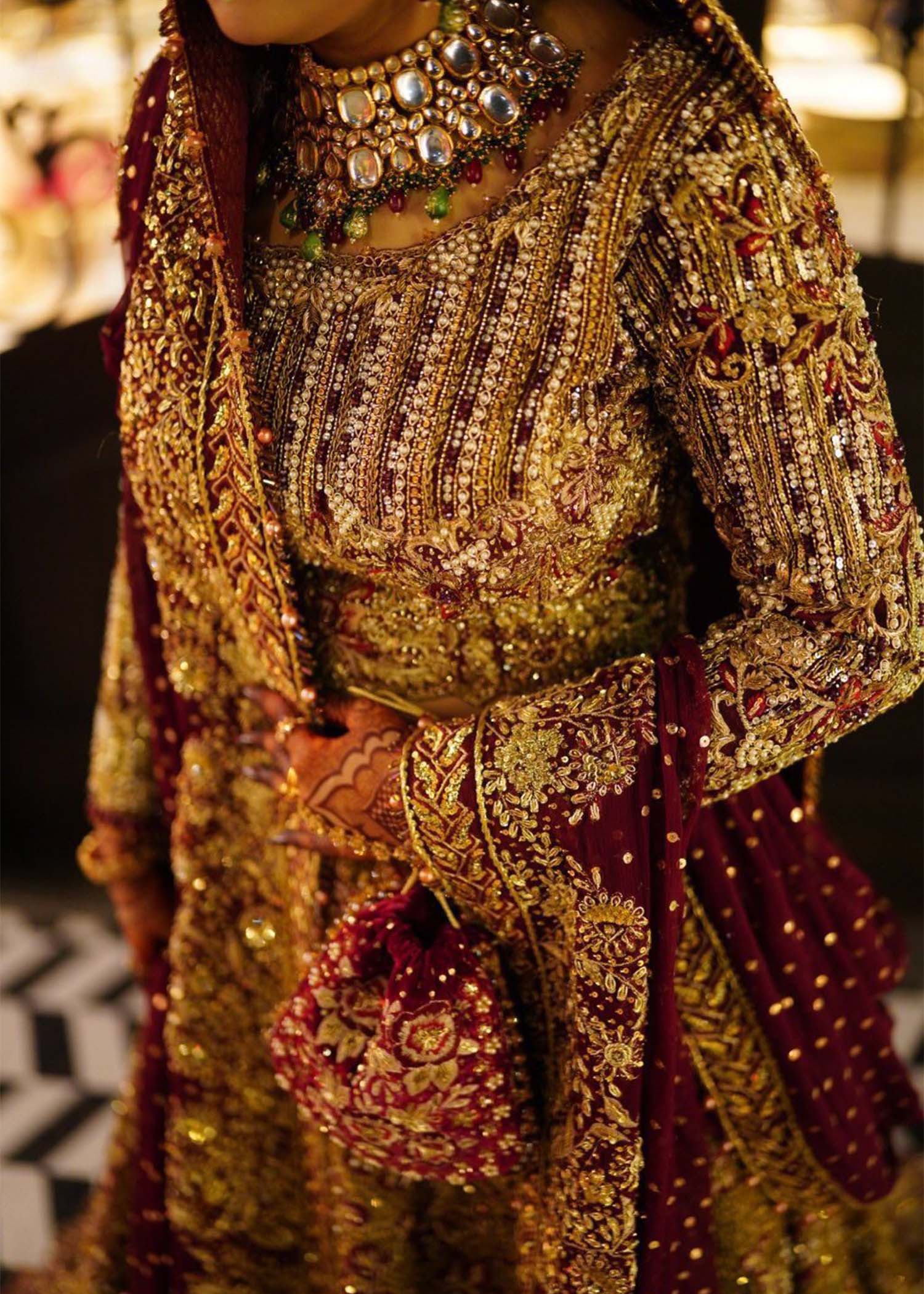 Pakistani Deep Maroon Zardozi Silk Bridal Lehenga (3-Piece) - Image 2