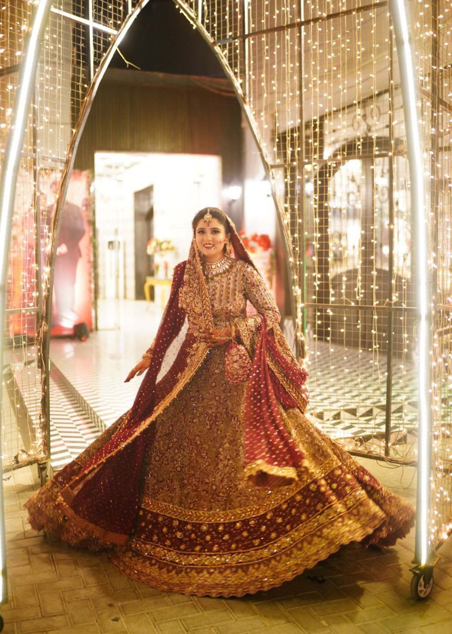 Pakistani Deep Maroon Zardozi Silk Bridal Lehenga (3-Piece) - Image 3
