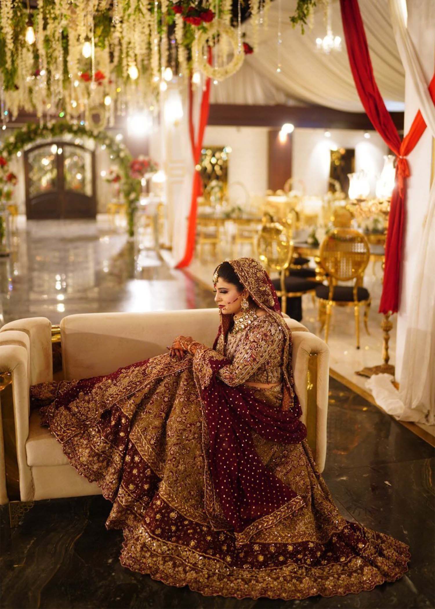 Pakistani Deep Maroon Zardozi Silk Bridal Lehenga (3-Piece) - Image 4