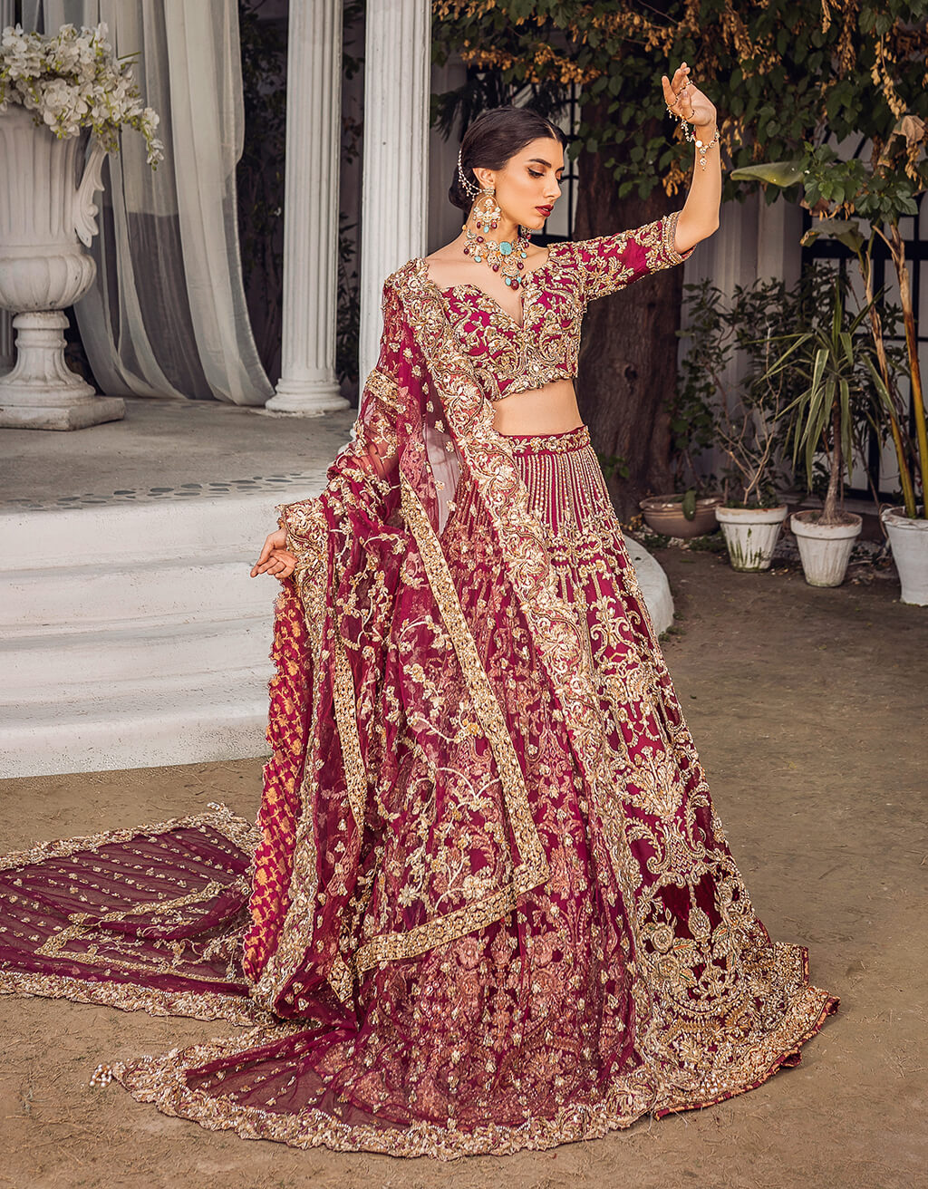 Wine Gold Hand-Embroidered Silk Net Lehenga (3-Piece) - Image 1