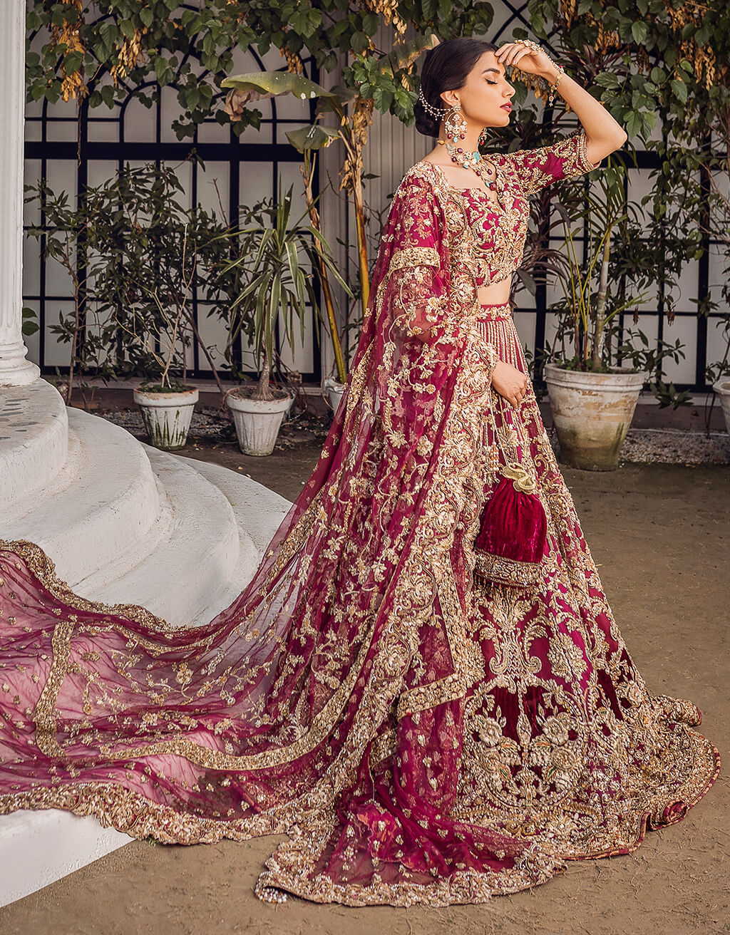 Wine Gold Hand-Embroidered Silk Net Lehenga (3-Piece) - Image 2