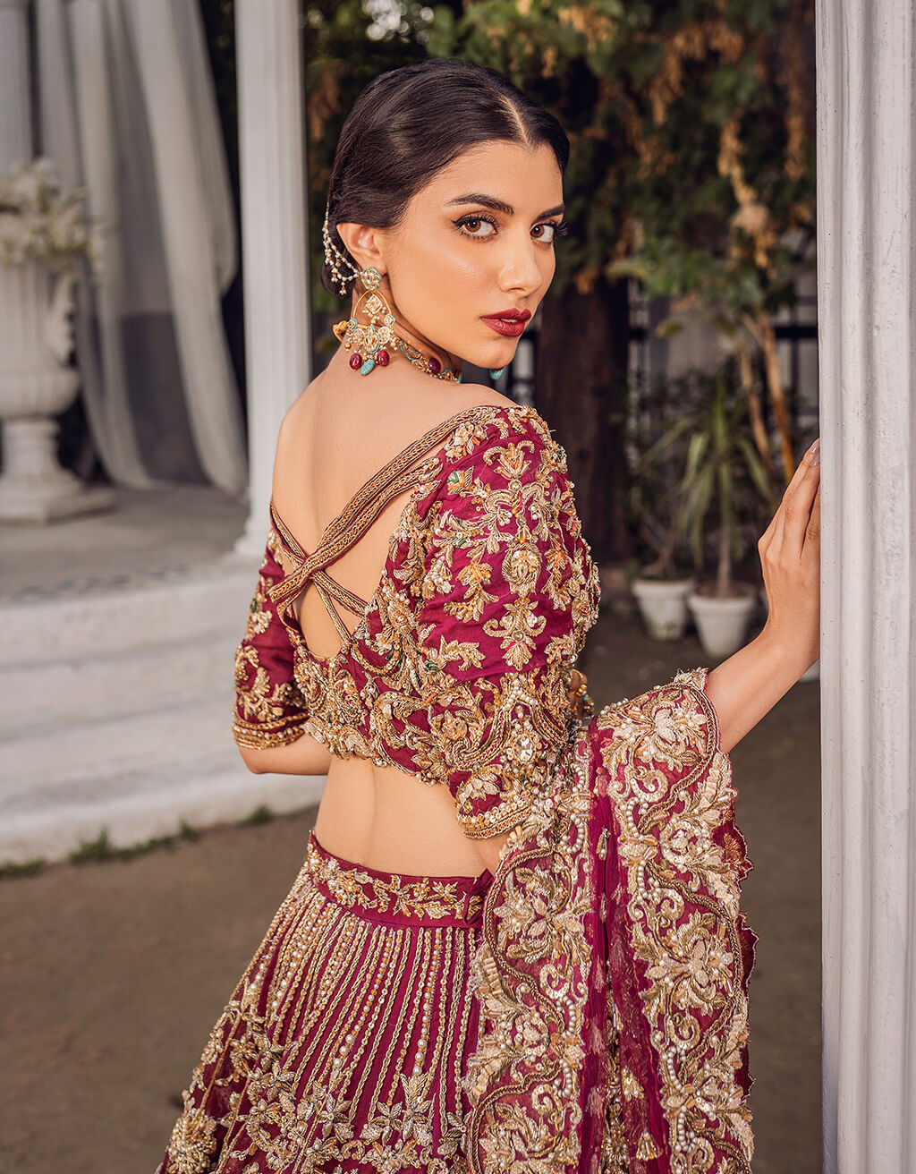 Wine Gold Hand-Embroidered Silk Net Lehenga (3-Piece) - Image 3