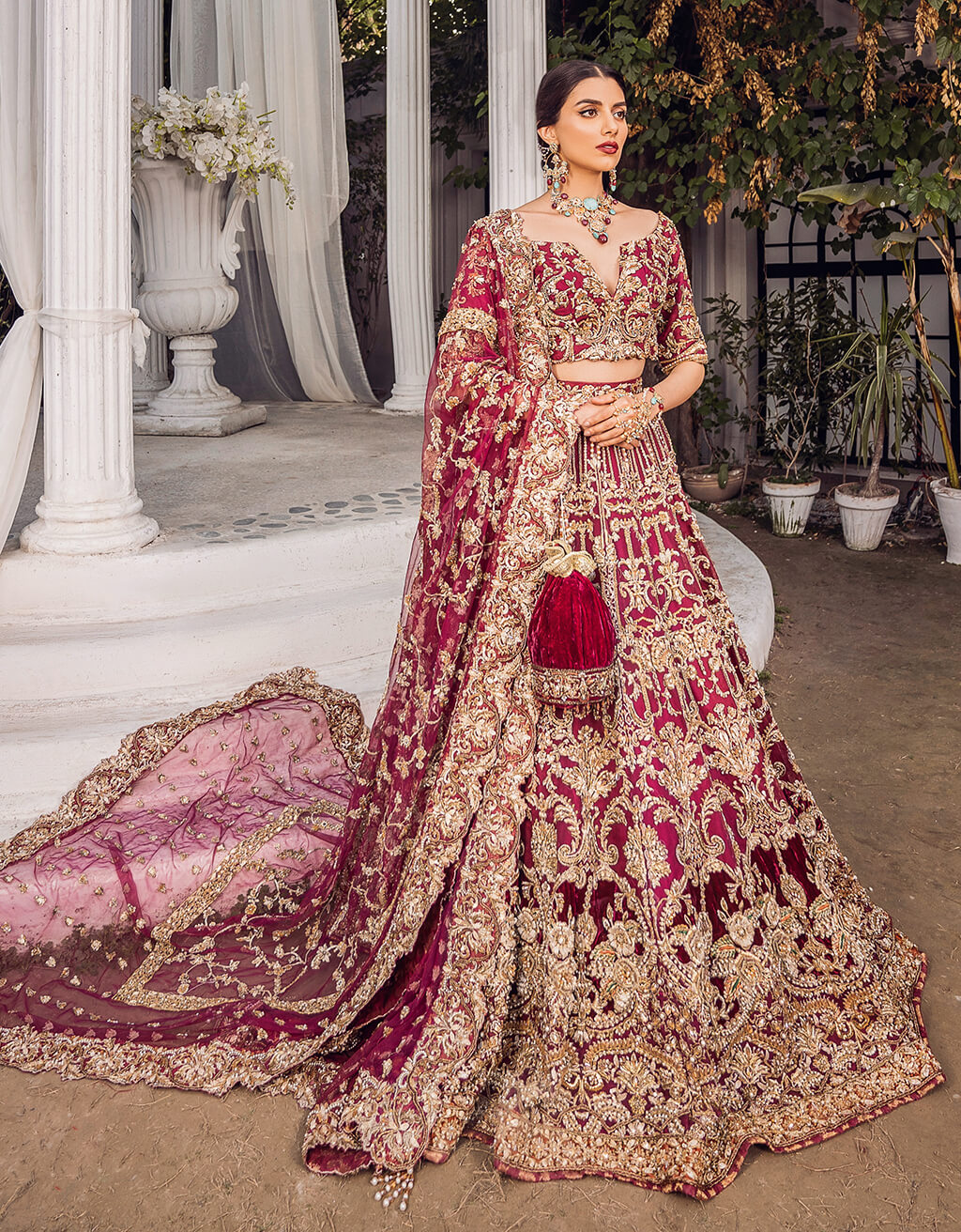 Wine Gold Hand-Embroidered Silk Net Lehenga (3-Piece) - Image 5