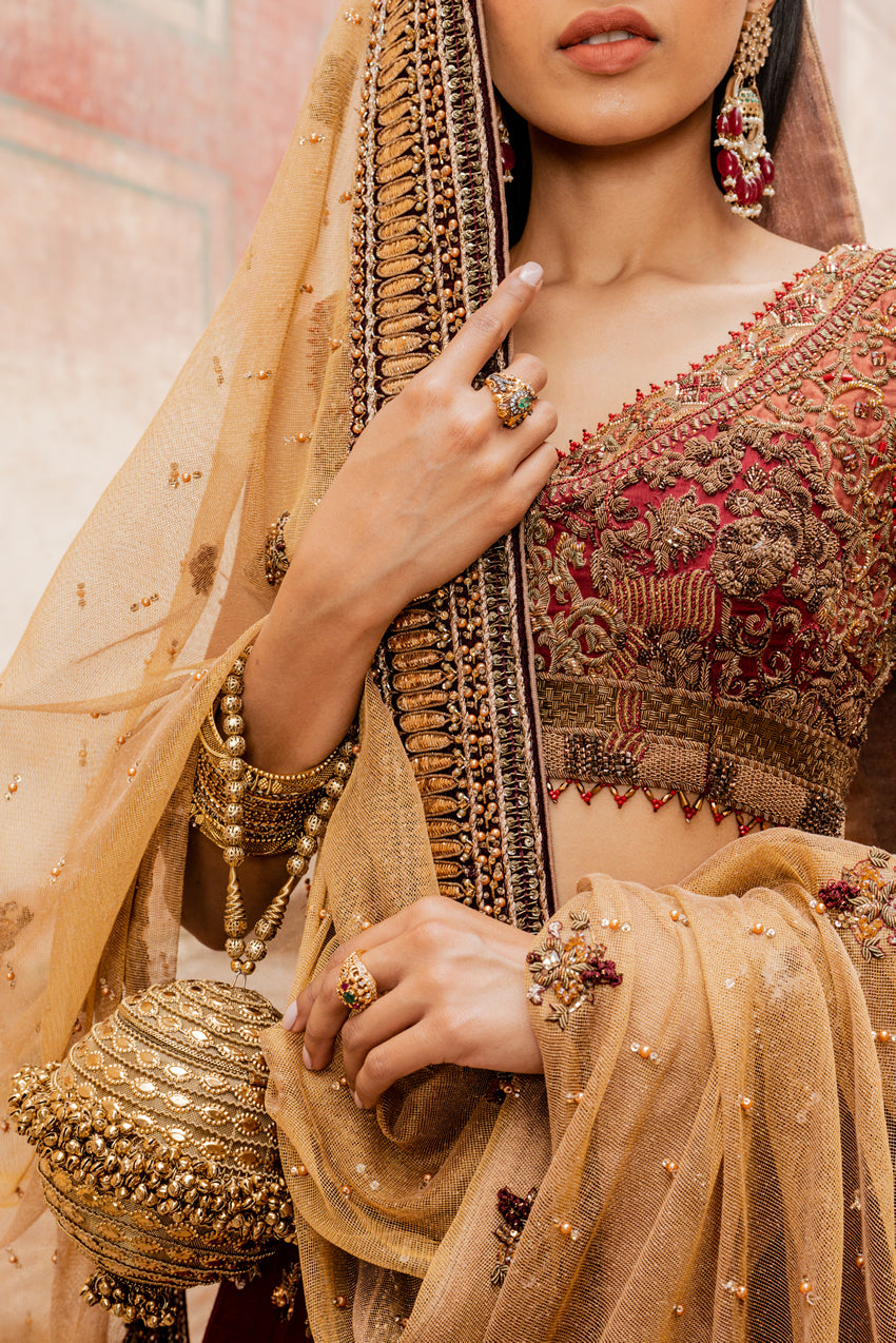 Pakistani Deep Maroon Gold Embroidered Silk Lehenga (3-Piece) - Image 10