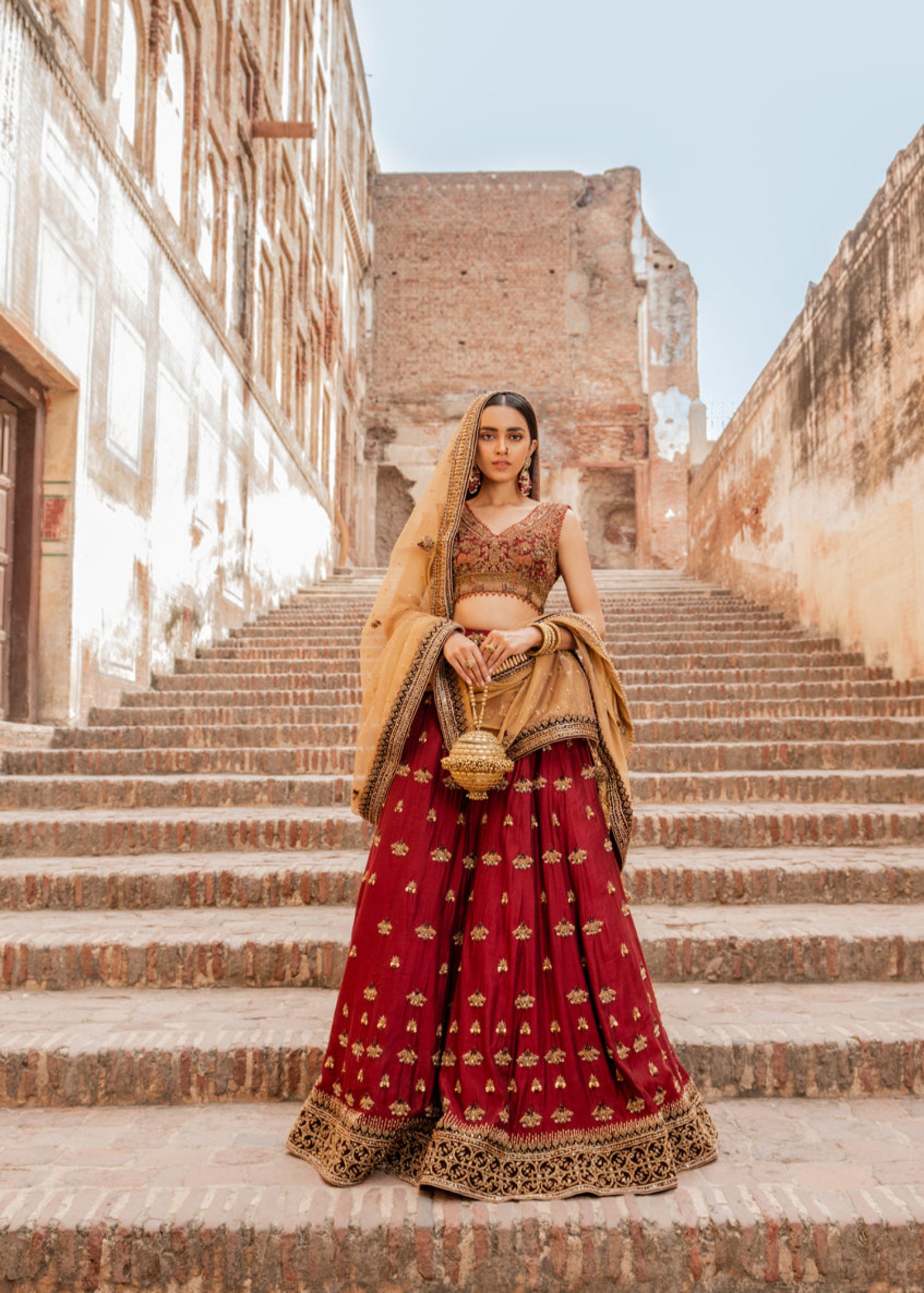 Pakistani Deep Maroon Gold Embroidered Silk Lehenga (3-Piece) - Image 2