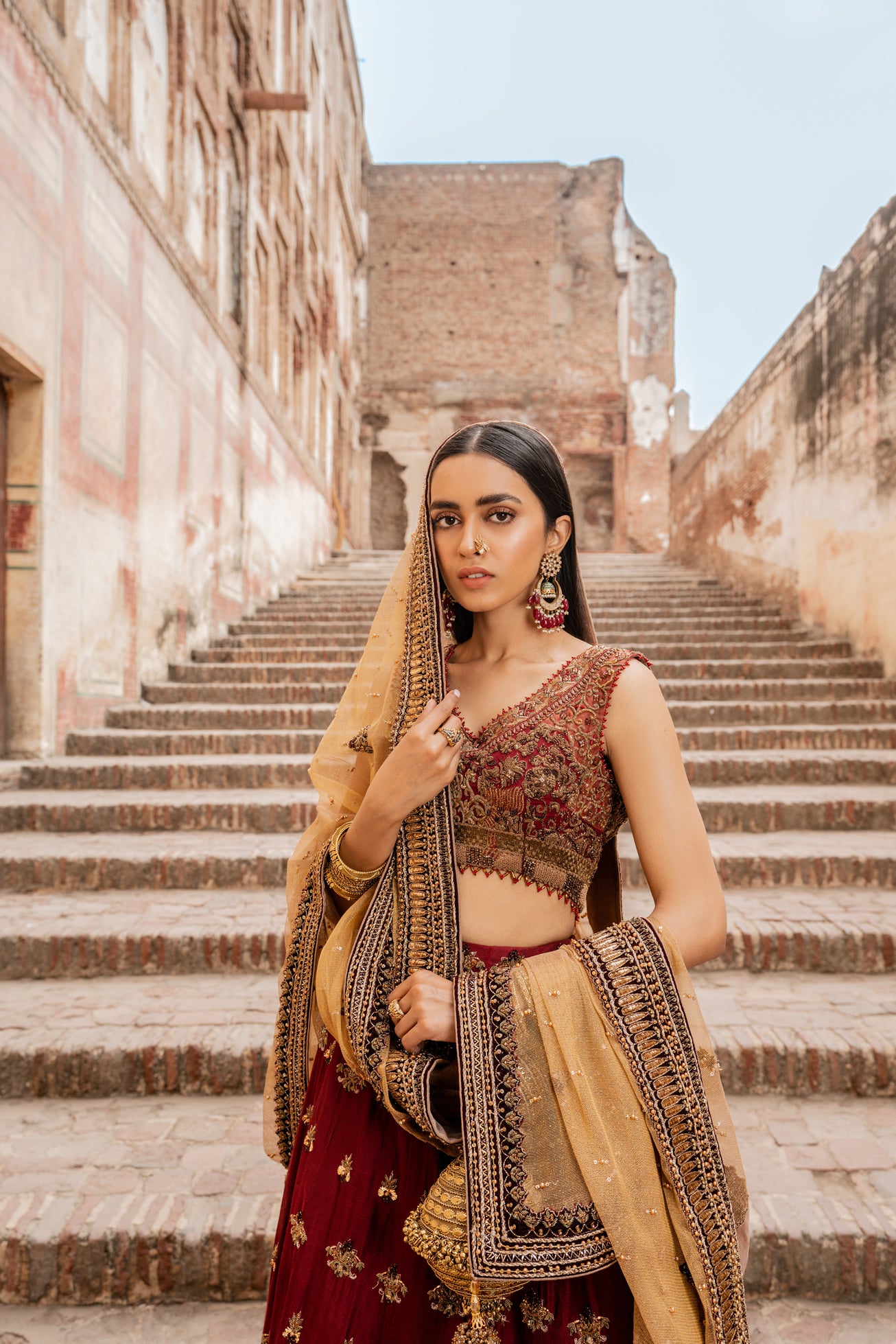 Pakistani Deep Maroon Gold Embroidered Silk Lehenga (3-Piece) - Image 3