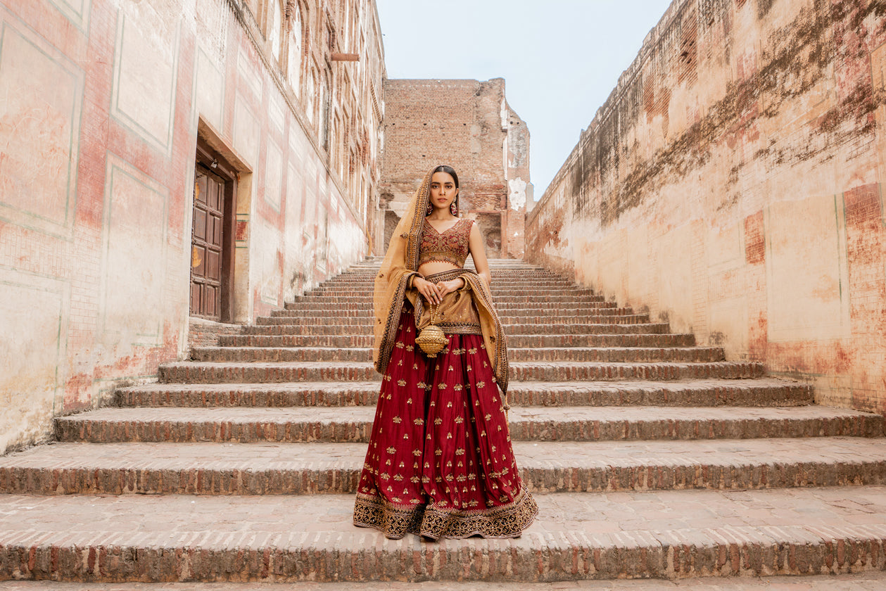Pakistani Deep Maroon Gold Embroidered Silk Lehenga (3-Piece) - Image 4