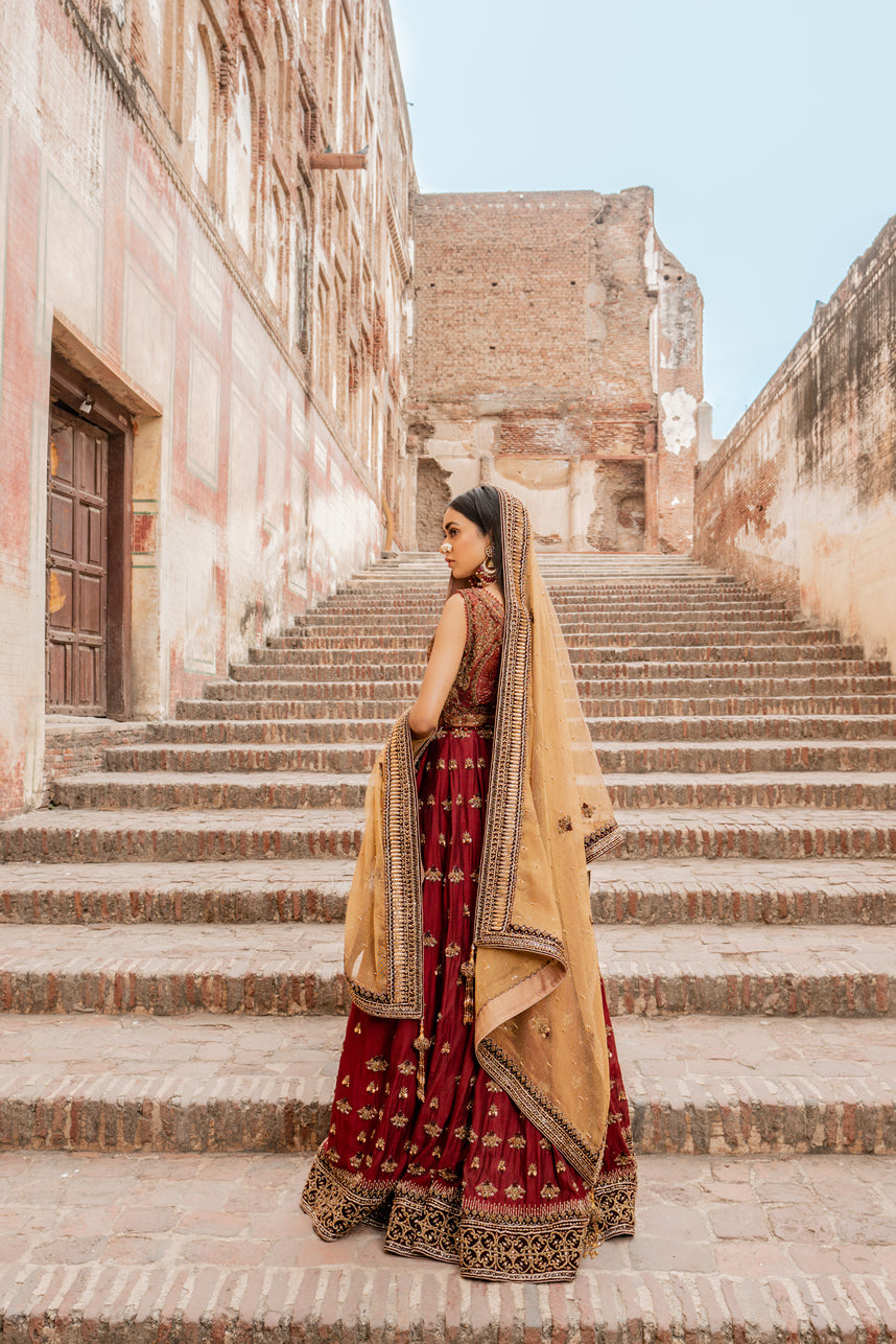 Pakistani Deep Maroon Gold Embroidered Silk Lehenga (3-Piece) - Image 6