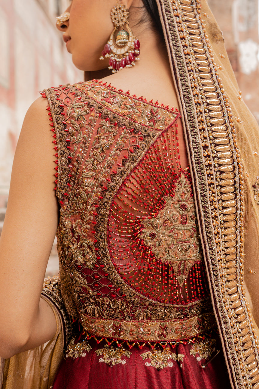 Pakistani Deep Maroon Gold Embroidered Silk Lehenga (3-Piece) - Image 7