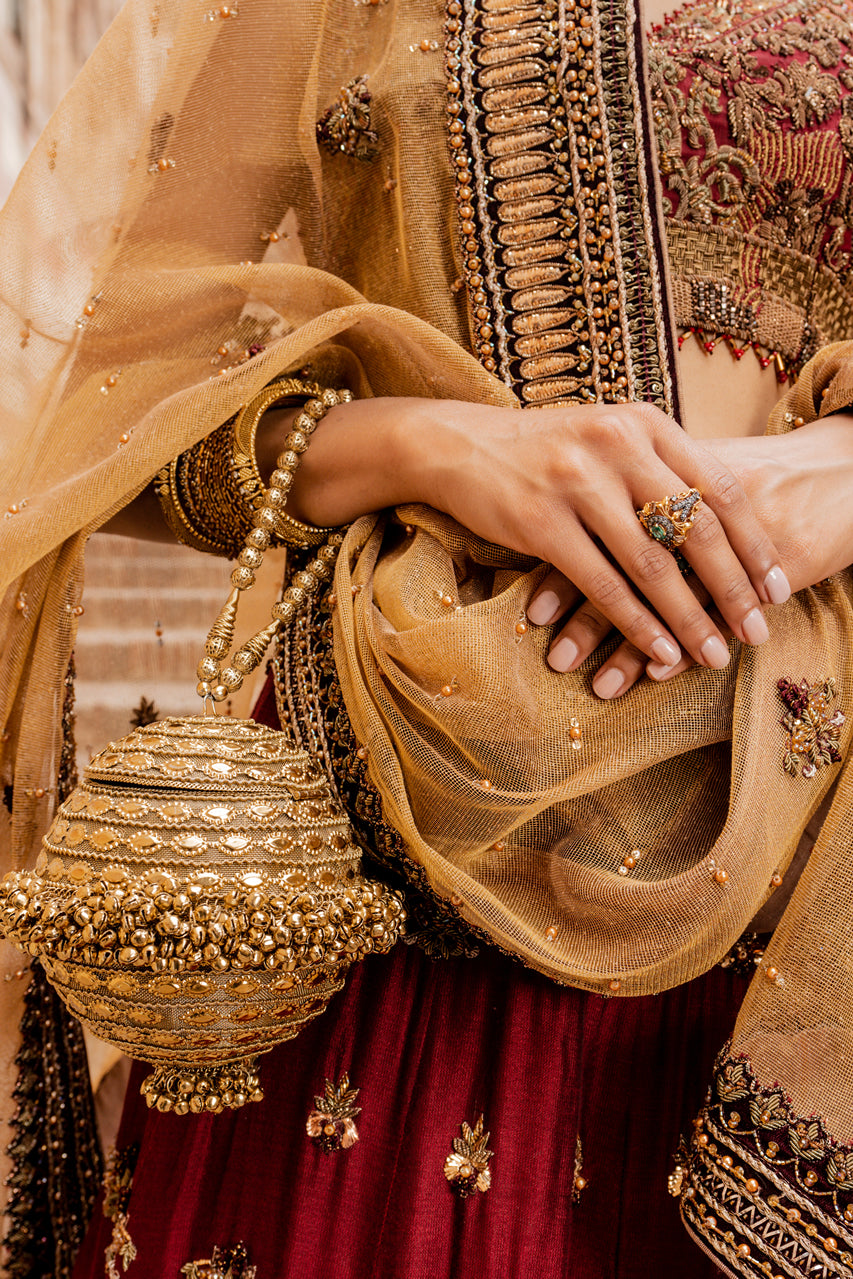 Pakistani Deep Maroon Gold Embroidered Silk Lehenga (3-Piece) - Image 8
