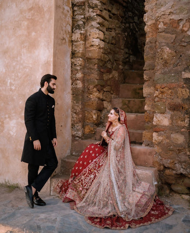 Pakistani Deep Maroon Embroidered Silk Bridal Lehenga (3-Piece) - Image 3