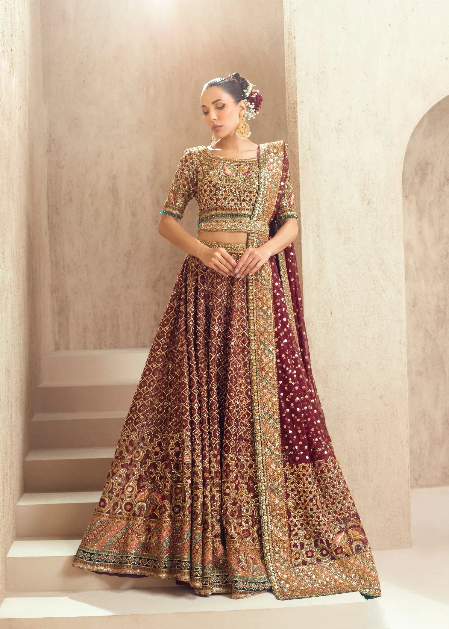 Pakistani Deep Maroon Embellished Silk Bridal Lehenga (3-Piece) - Image 1
