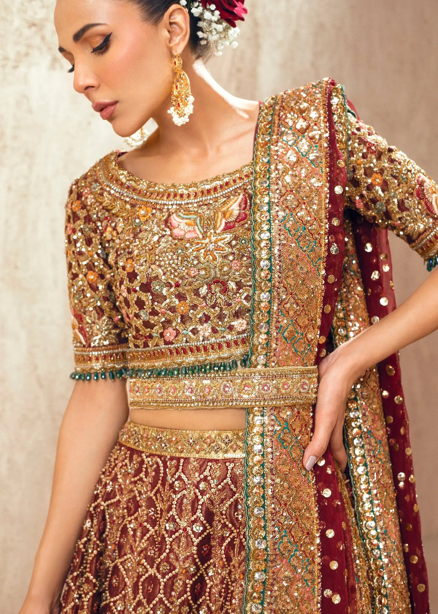 Pakistani Deep Maroon Embellished Silk Bridal Lehenga (3-Piece) - Image 5