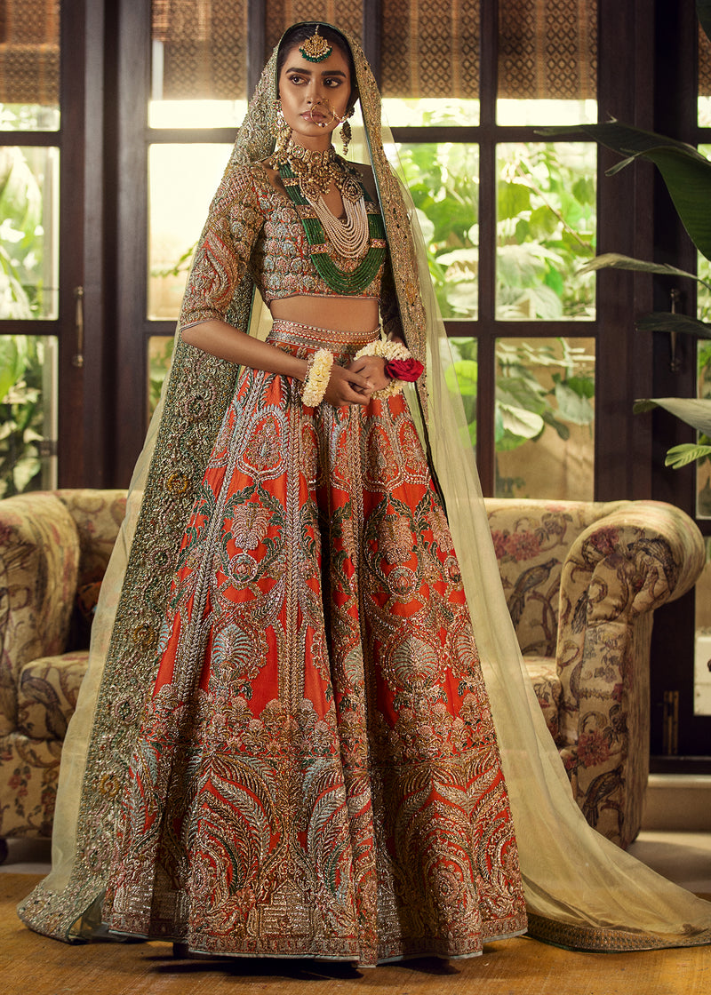 Pakistani Rust Embroidered Silk Bridal Lehenga (3-Piece) - Image 1