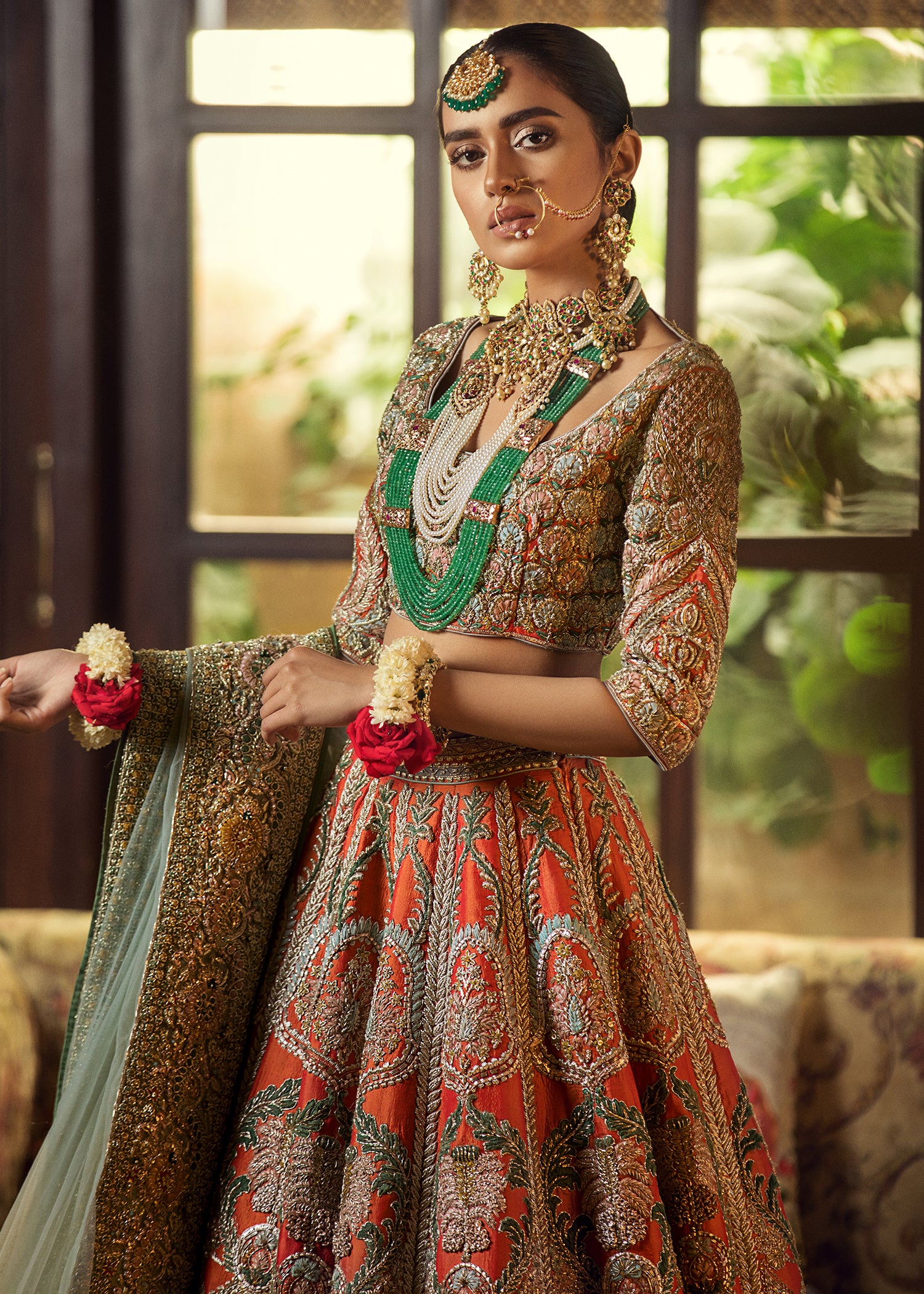 Pakistani Rust Embroidered Silk Bridal Lehenga (3-Piece) - Image 13
