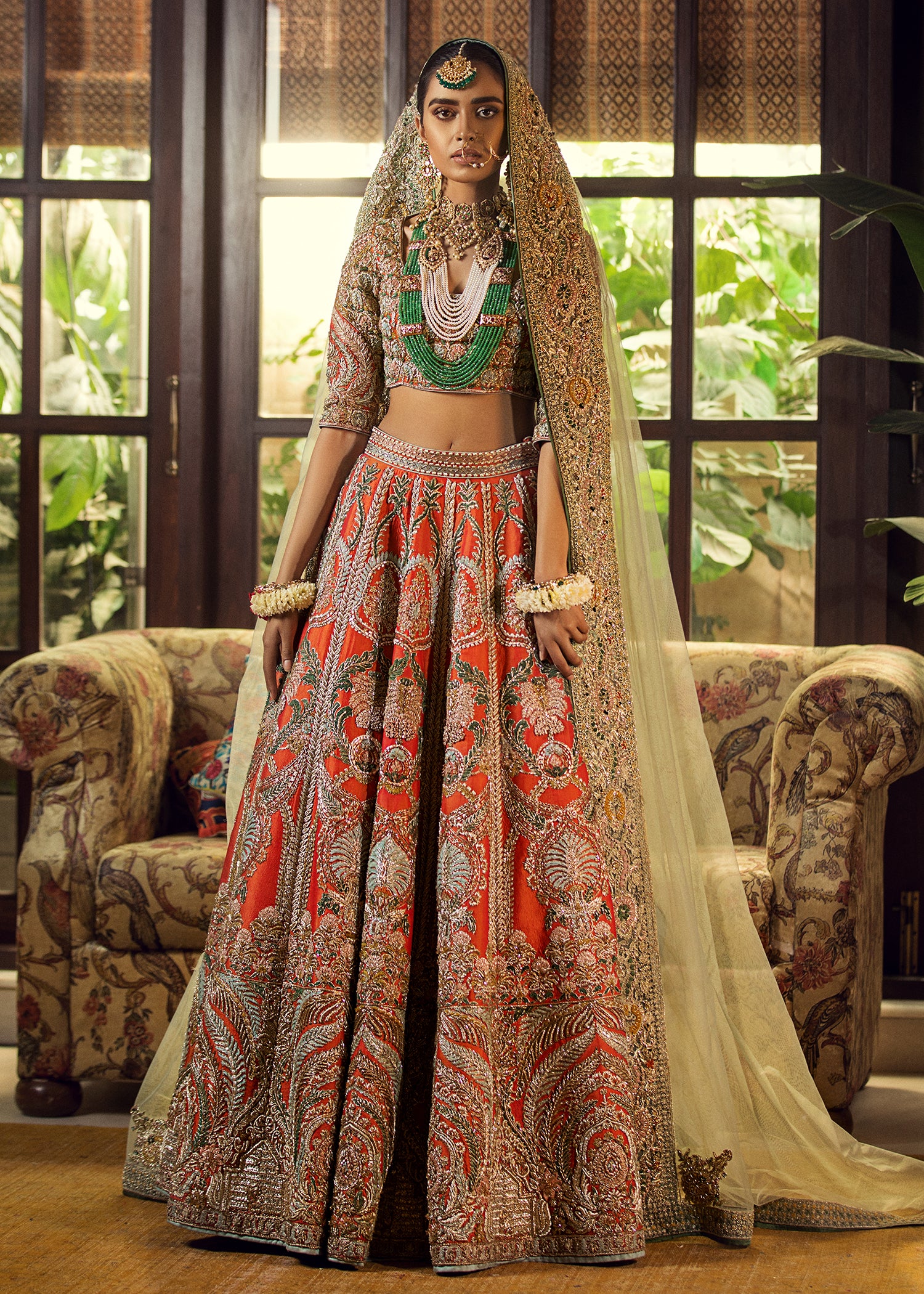 Pakistani Rust Embroidered Silk Bridal Lehenga (3-Piece) - Image 15