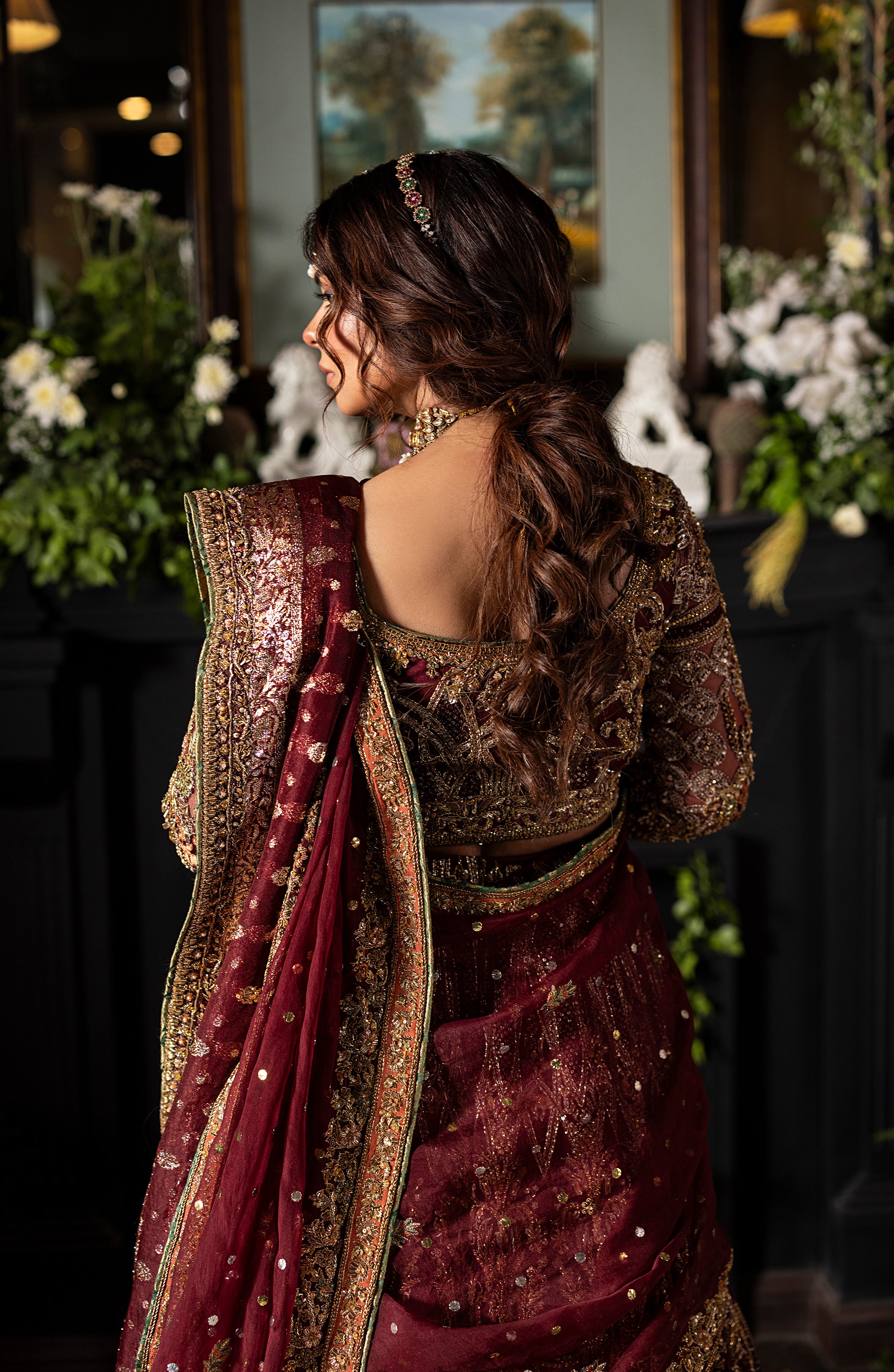 Pakistani Deep Maroon Embroidered Silk Lehenga Set (3-Piece) - Image 11