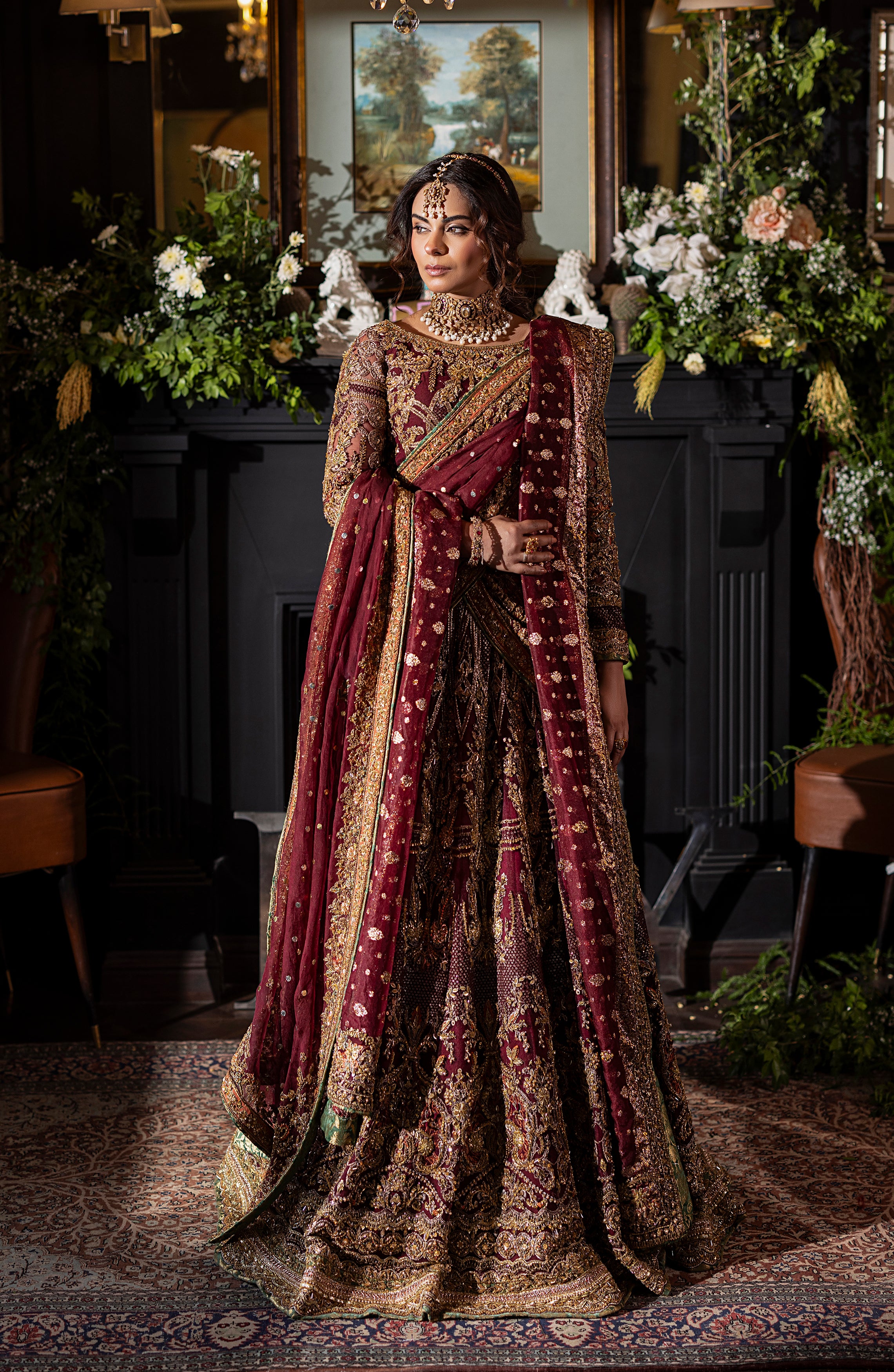 Pakistani Deep Maroon Embroidered Silk Lehenga Set (3-Piece) - Image 2