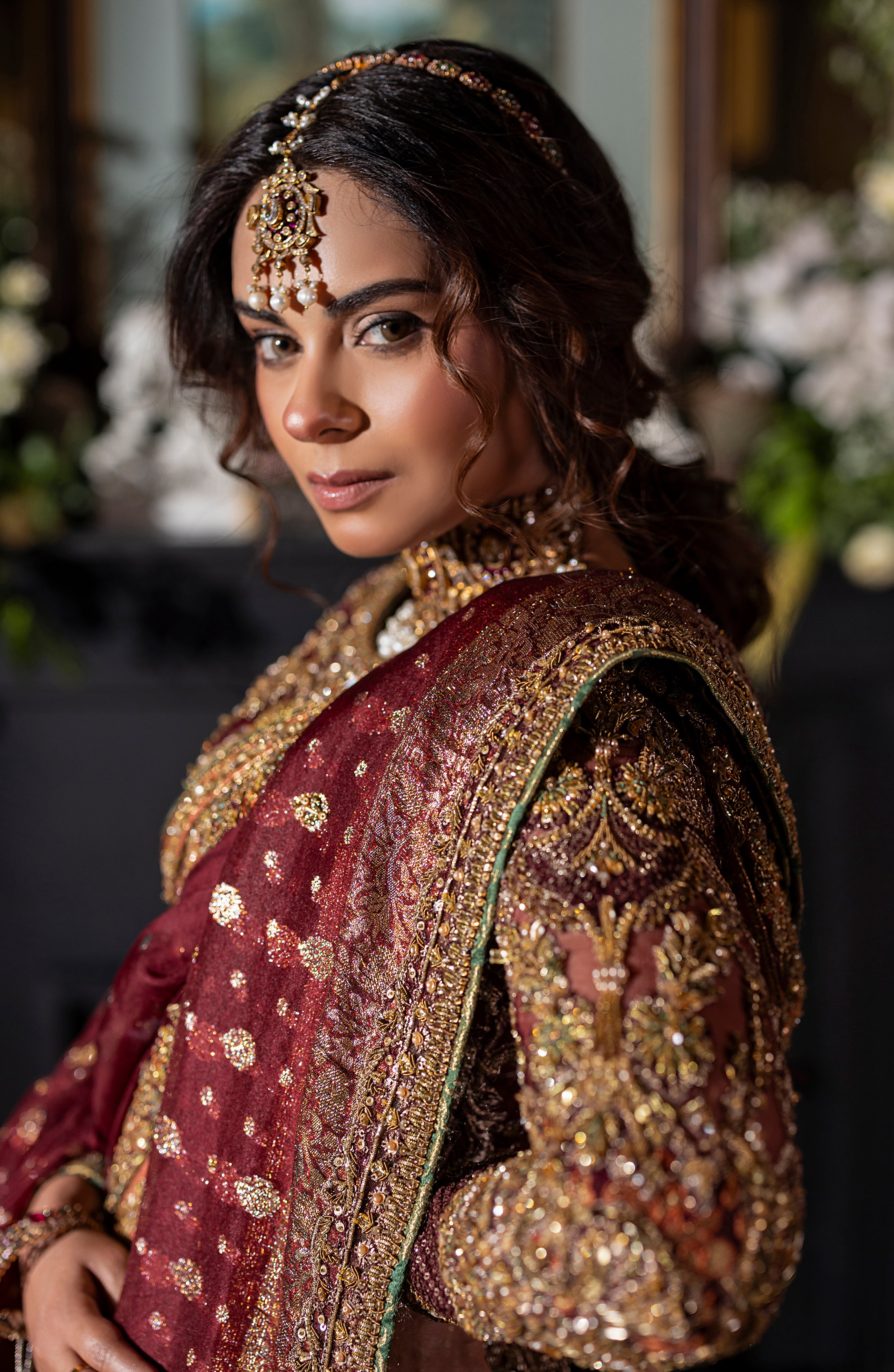 Pakistani Deep Maroon Embroidered Silk Lehenga Set (3-Piece) - Image 3