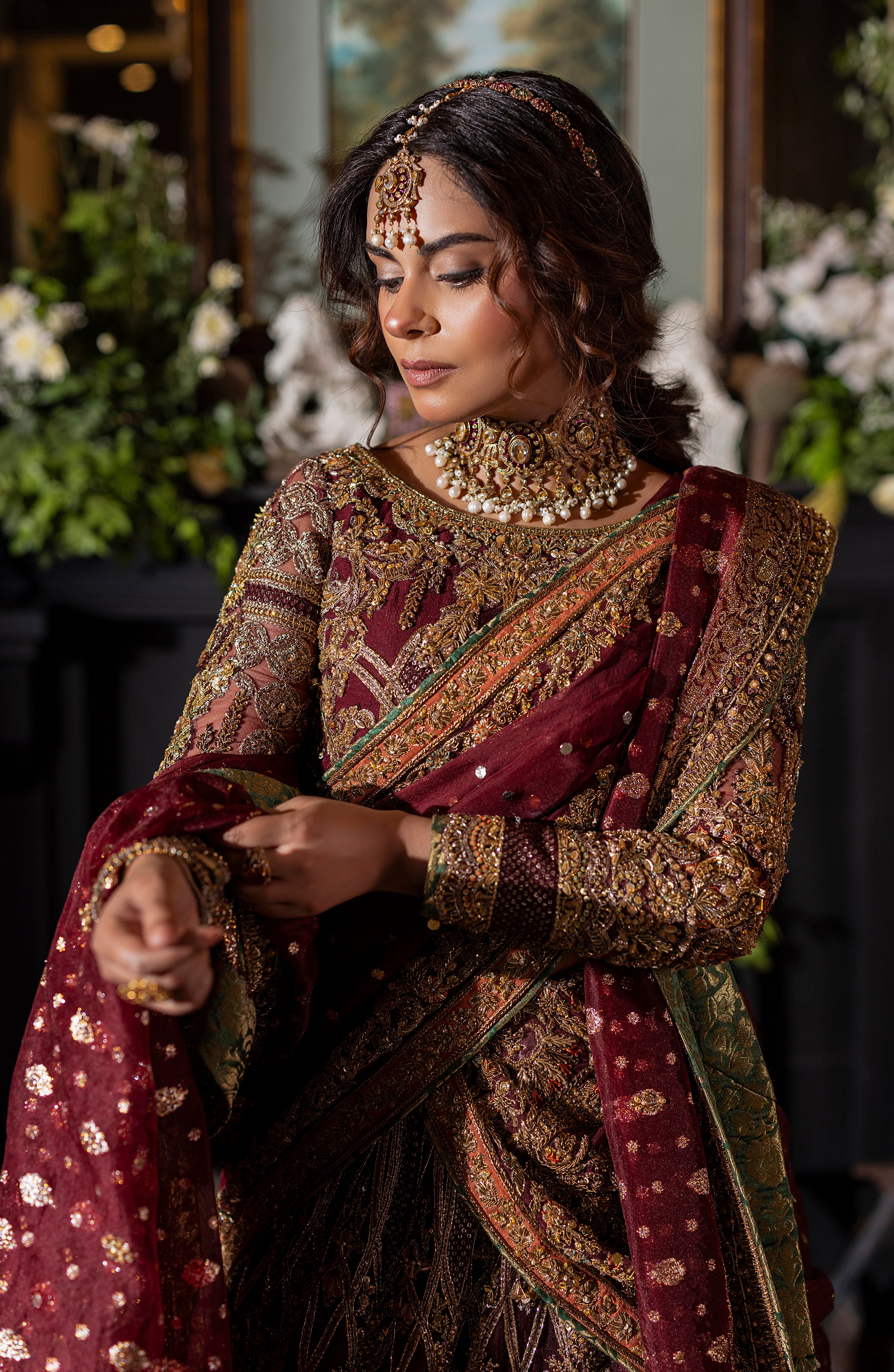 Pakistani Deep Maroon Embroidered Silk Lehenga Set (3-Piece) - Image 5