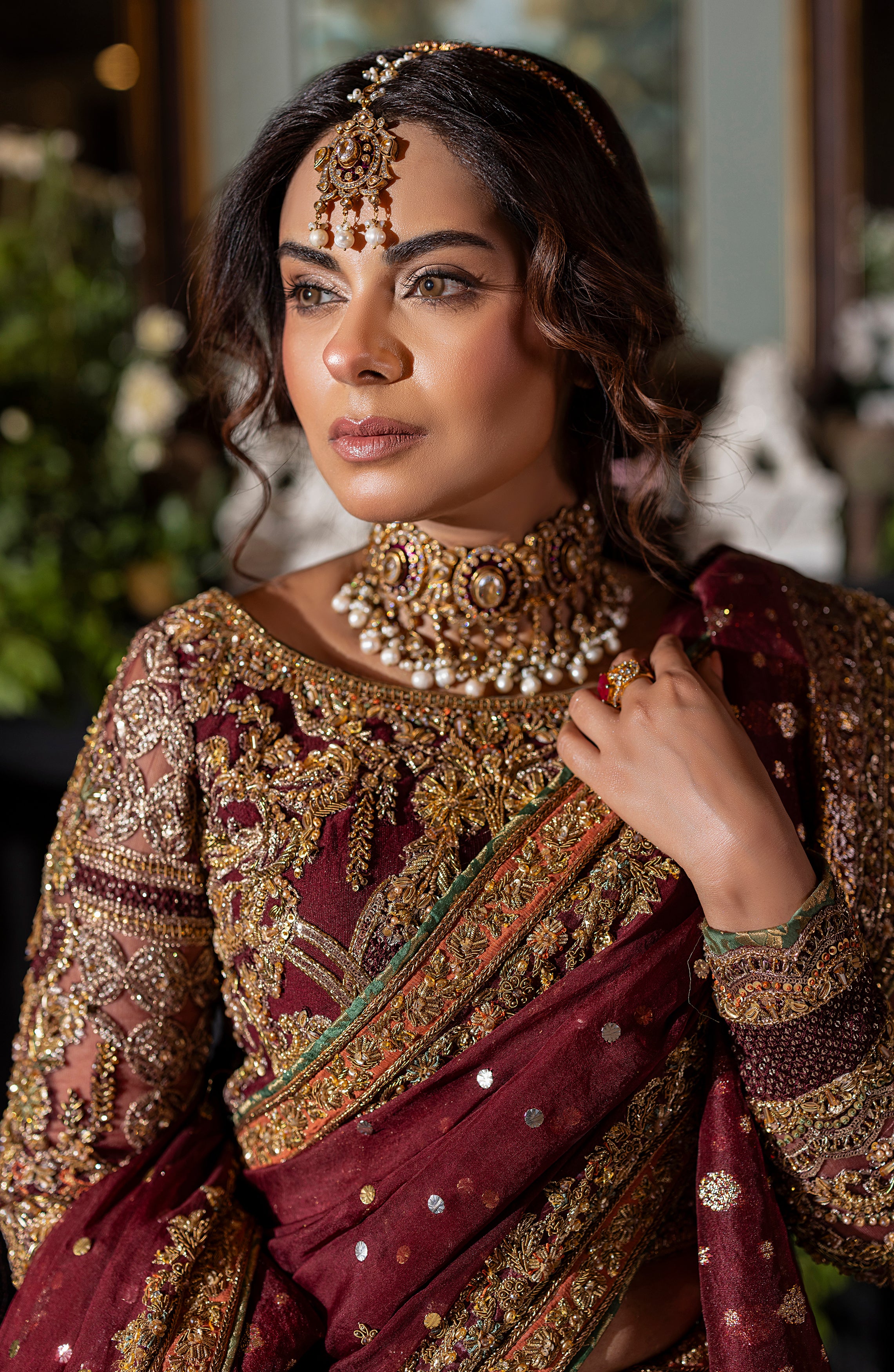 Pakistani Deep Maroon Embroidered Silk Lehenga Set (3-Piece) - Image 7