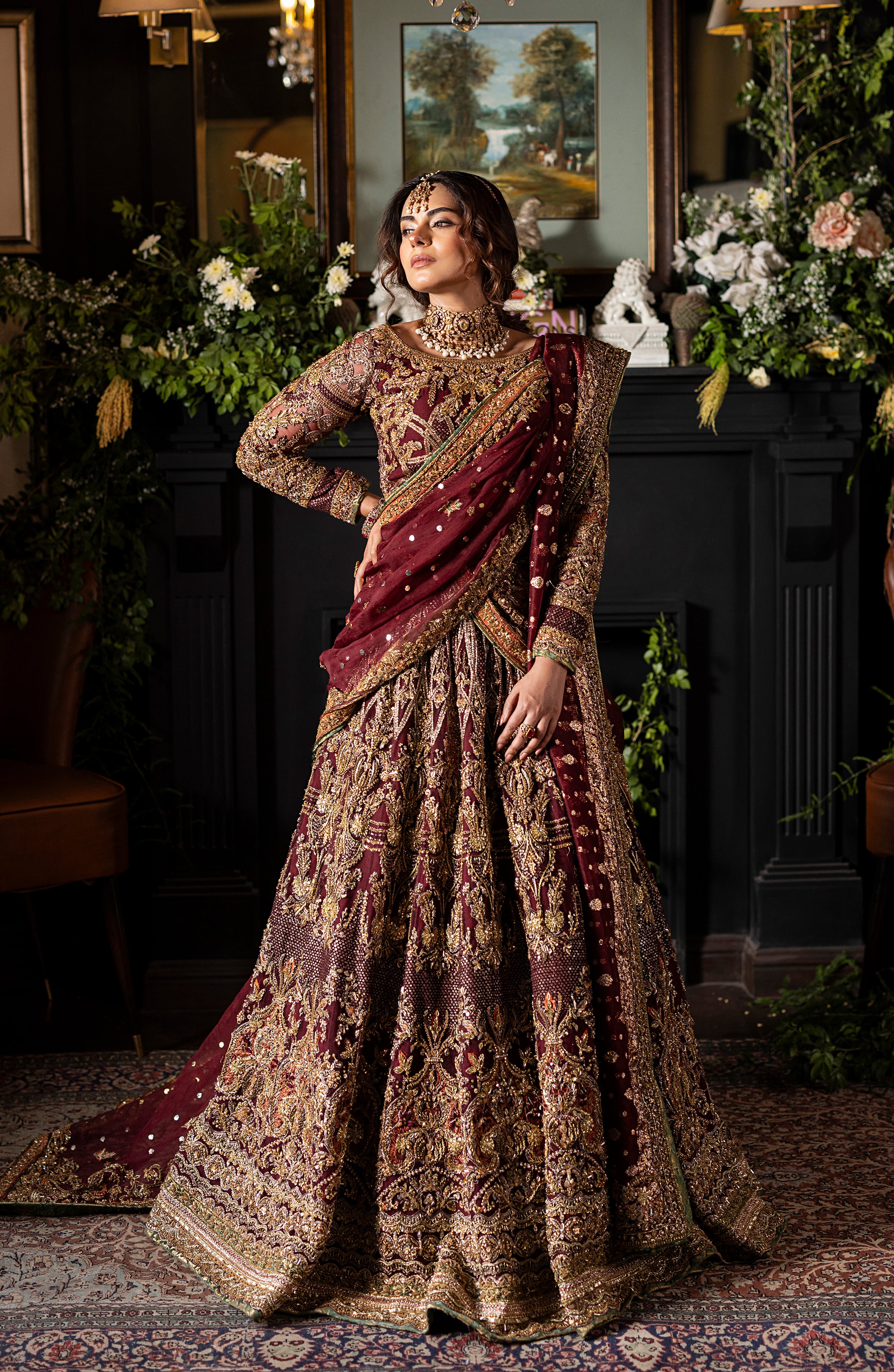 Pakistani Deep Maroon Embroidered Silk Lehenga Set (3-Piece) - Image 8