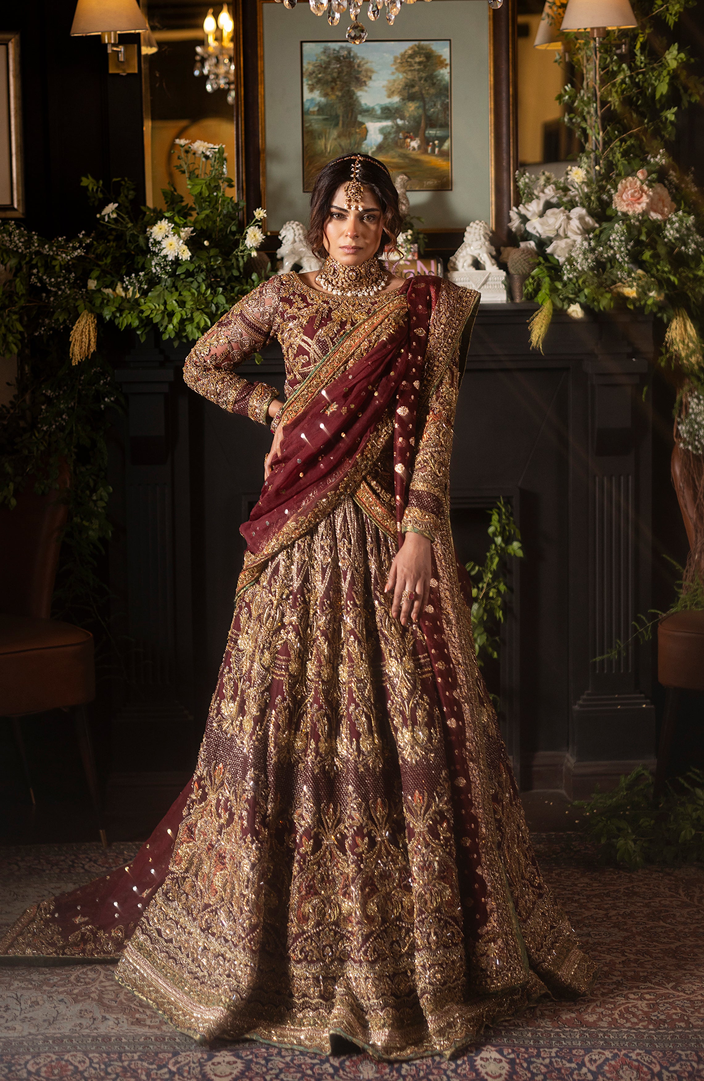 Pakistani Deep Maroon Embroidered Silk Lehenga Set (3-Piece) - Image 9
