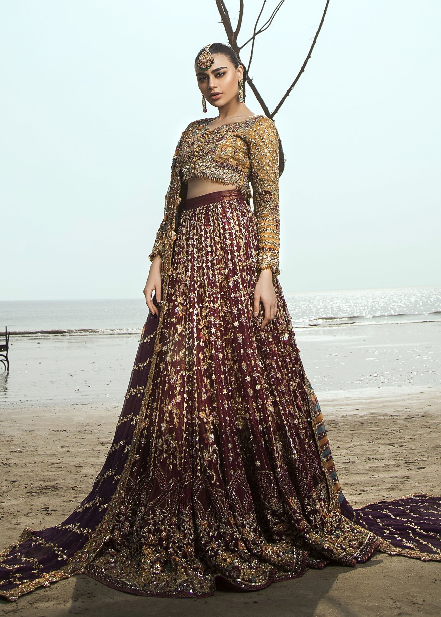 Pakistani Deep Maroon Zardozi Silk Bridal Lehenga Choli (3-Piece) - Image 1