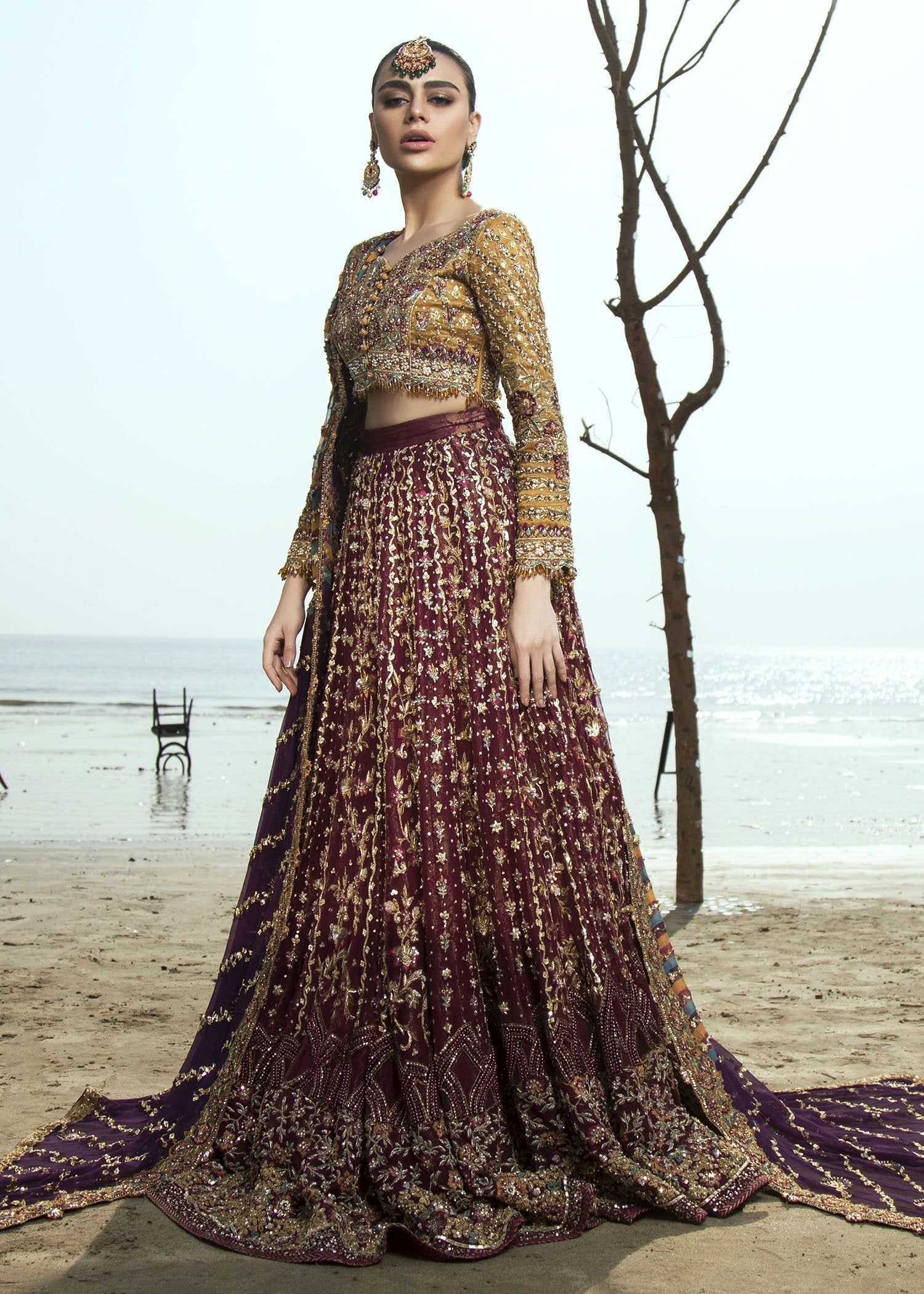 Pakistani Deep Maroon Zardozi Silk Bridal Lehenga Choli (3-Piece) - Image 2