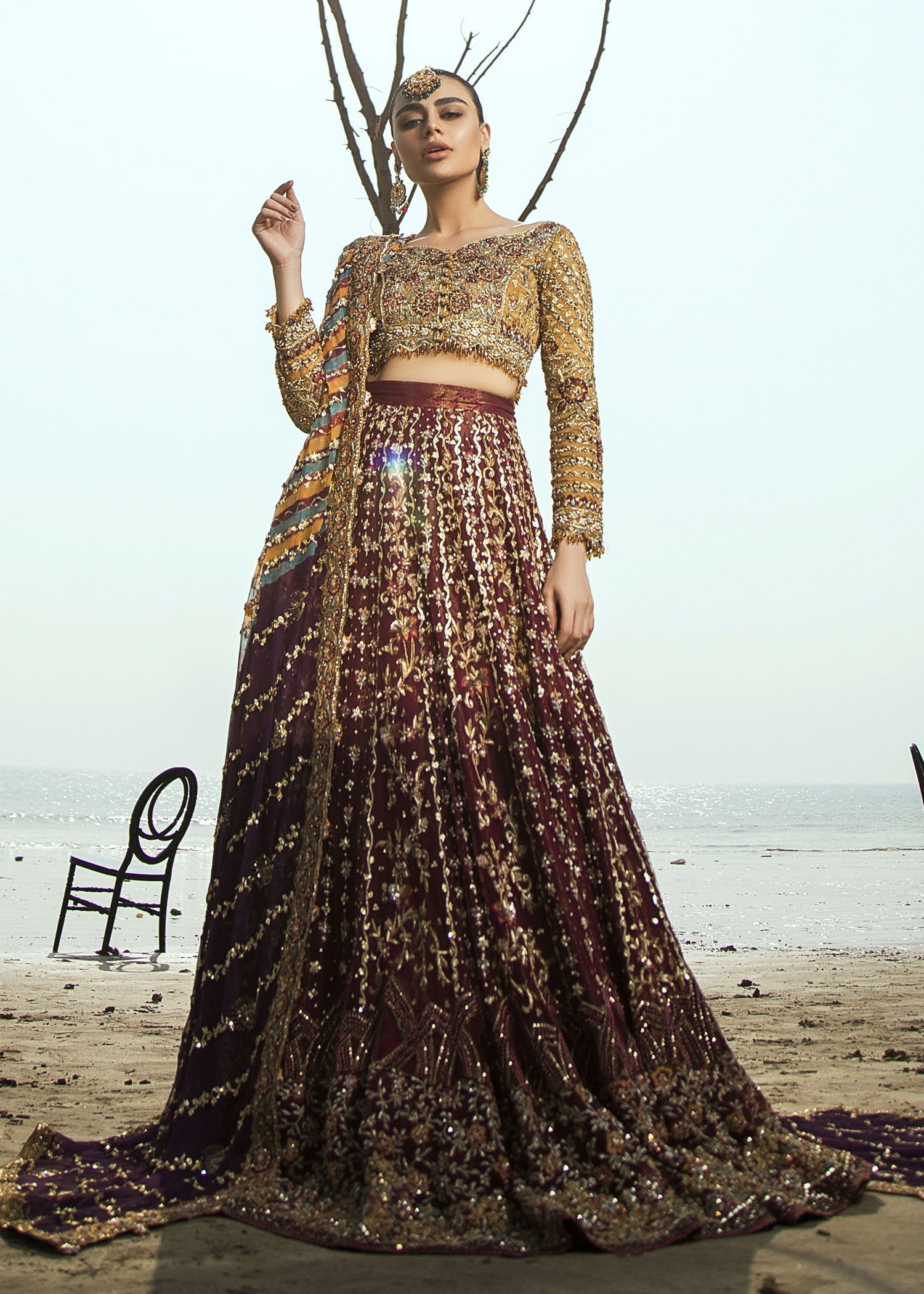 Pakistani Deep Maroon Zardozi Silk Bridal Lehenga Choli (3-Piece) - Image 4