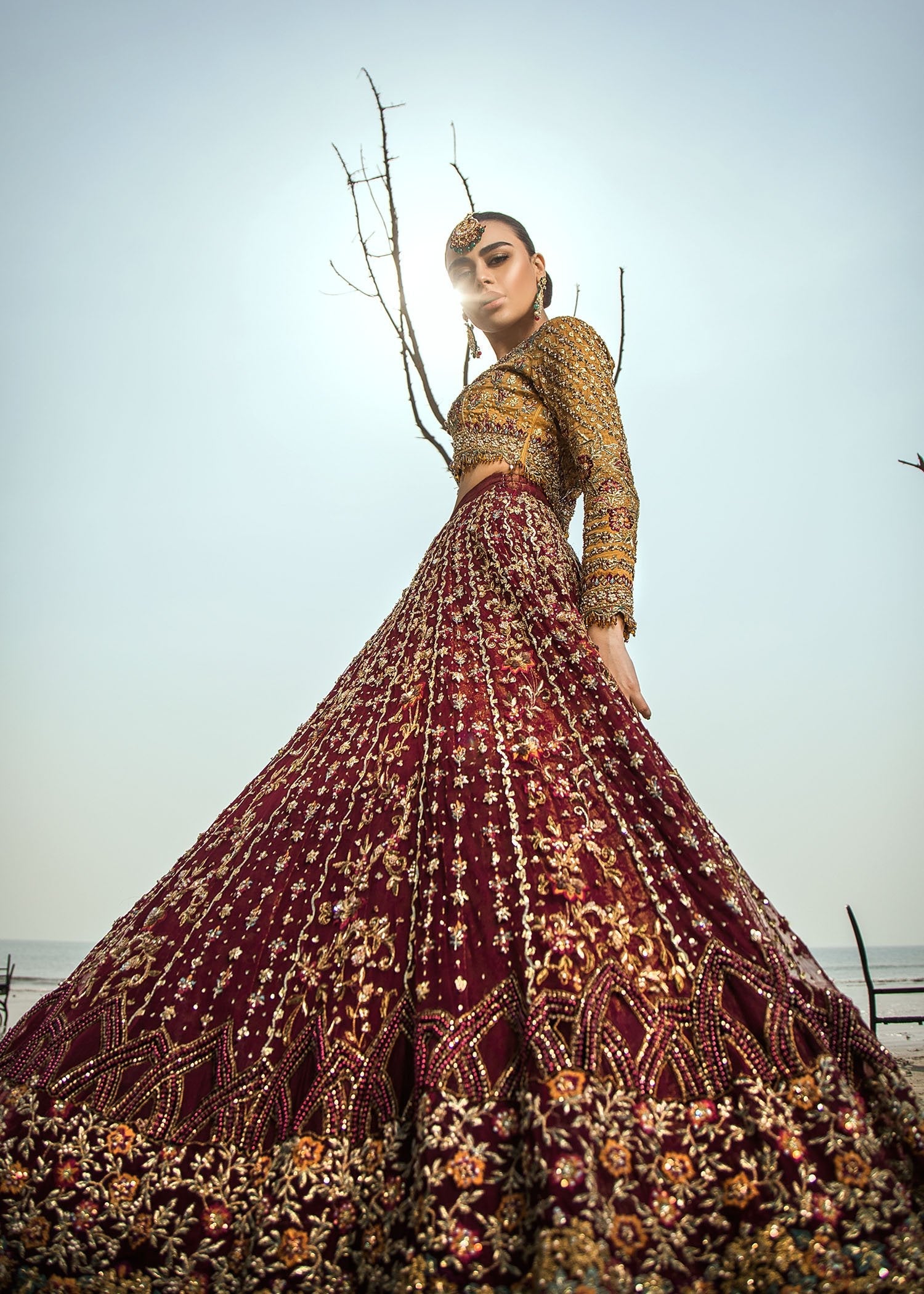 Pakistani Deep Maroon Zardozi Silk Bridal Lehenga Choli (3-Piece) - Image 5