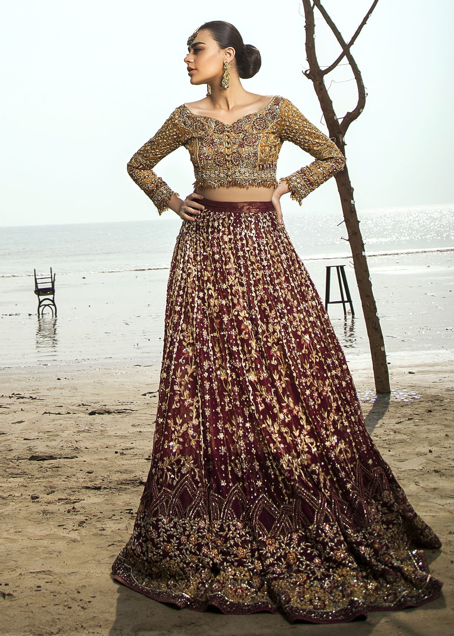 Pakistani Deep Maroon Zardozi Silk Bridal Lehenga Choli (3-Piece) - Image 6