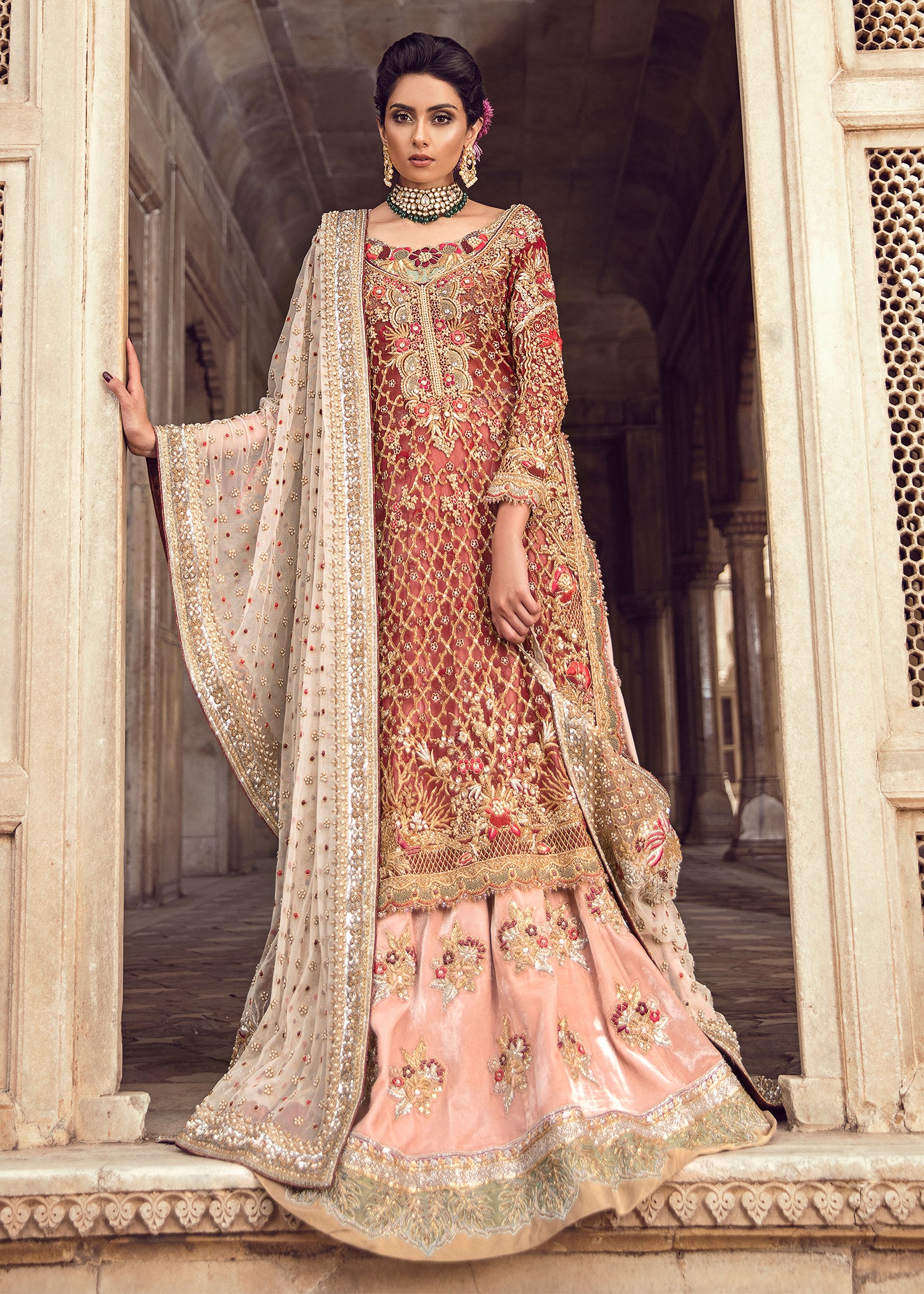 Rust and Blush Embellished Silk Bridal Lehenga (3-Piece) - Image 1